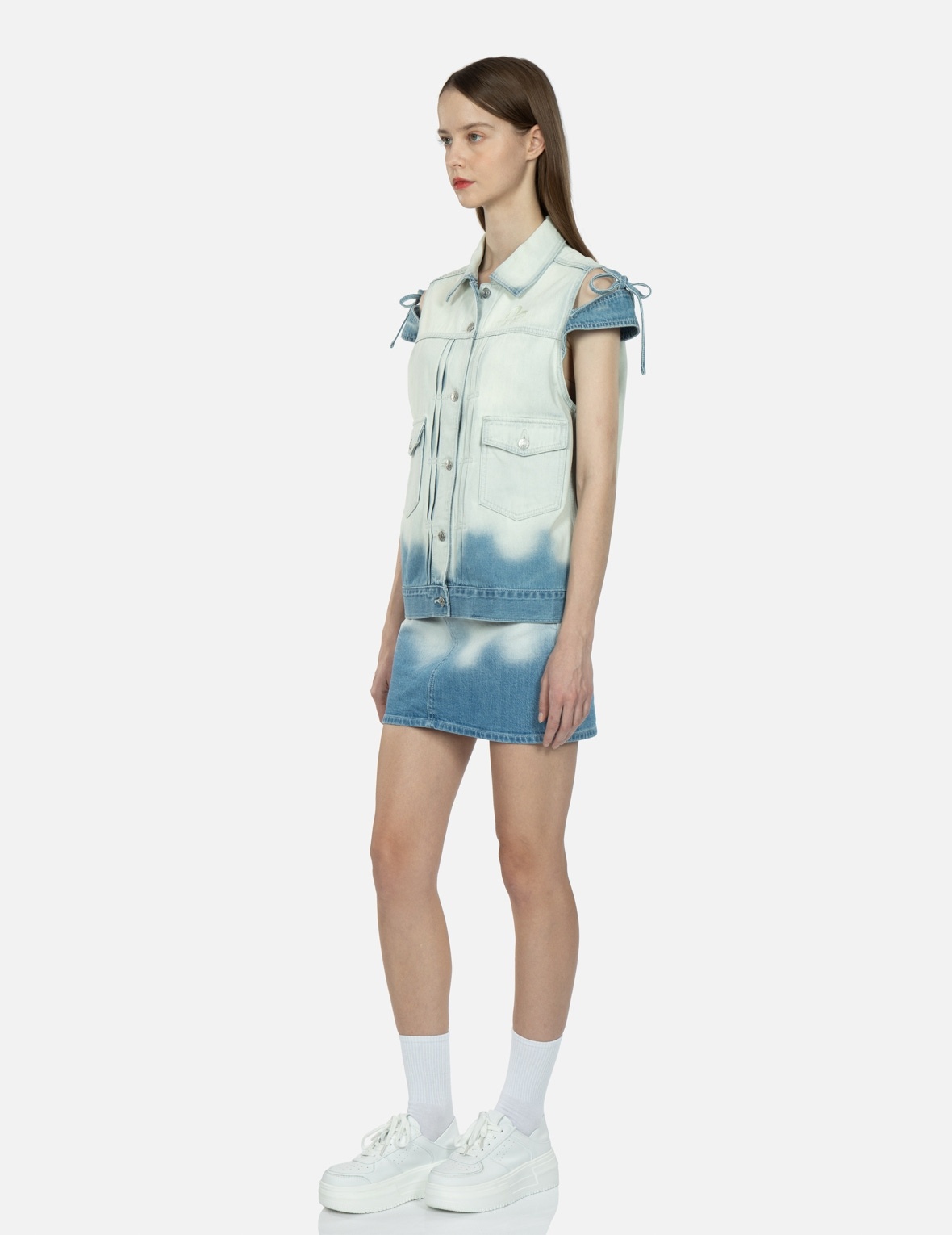 LOGO EMBROIDERY BLEACHED DENIM WAISTCOAT - 3