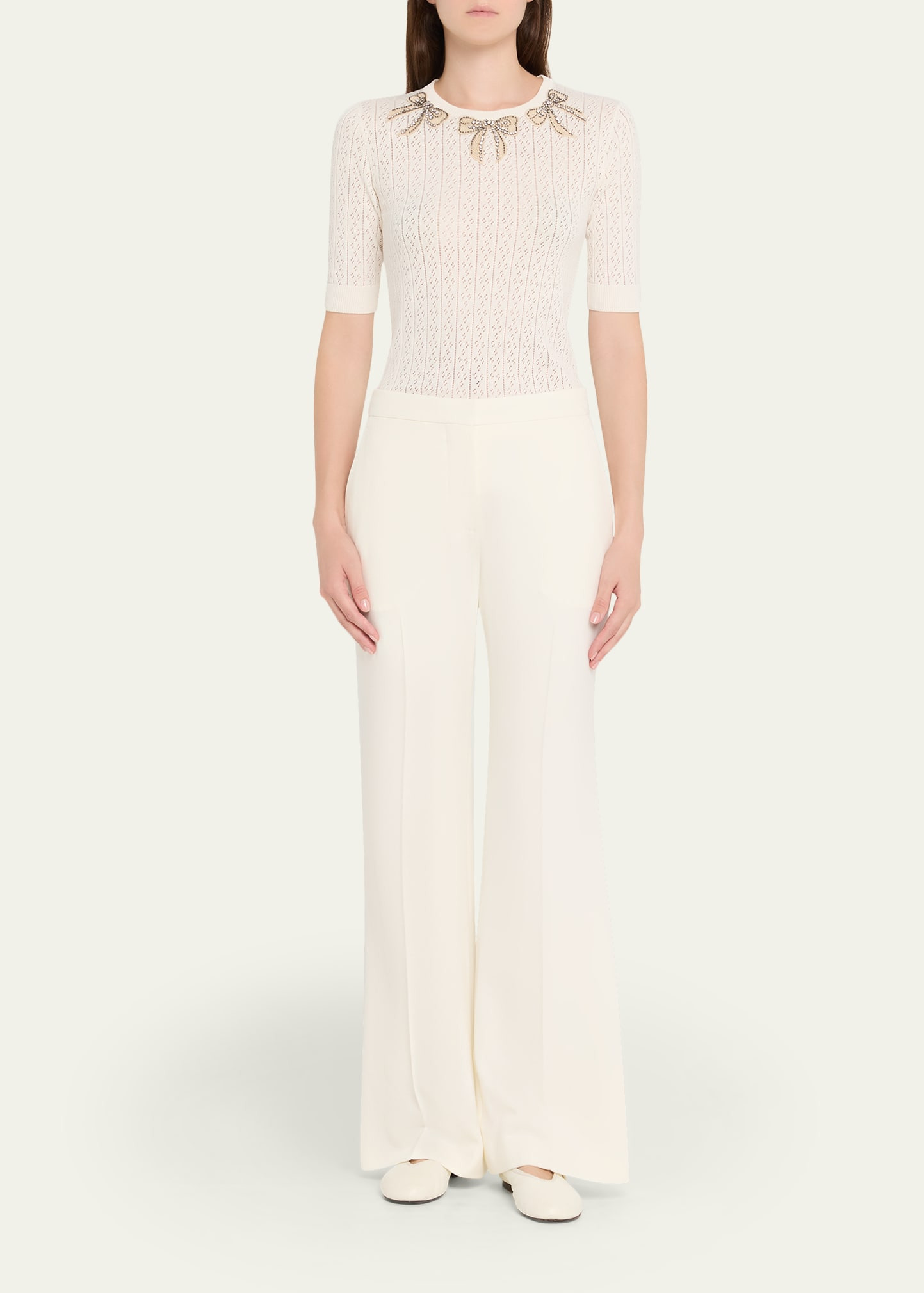 Crystal Bow Collar Short-Sleeve Pointelle Knit Top - 2