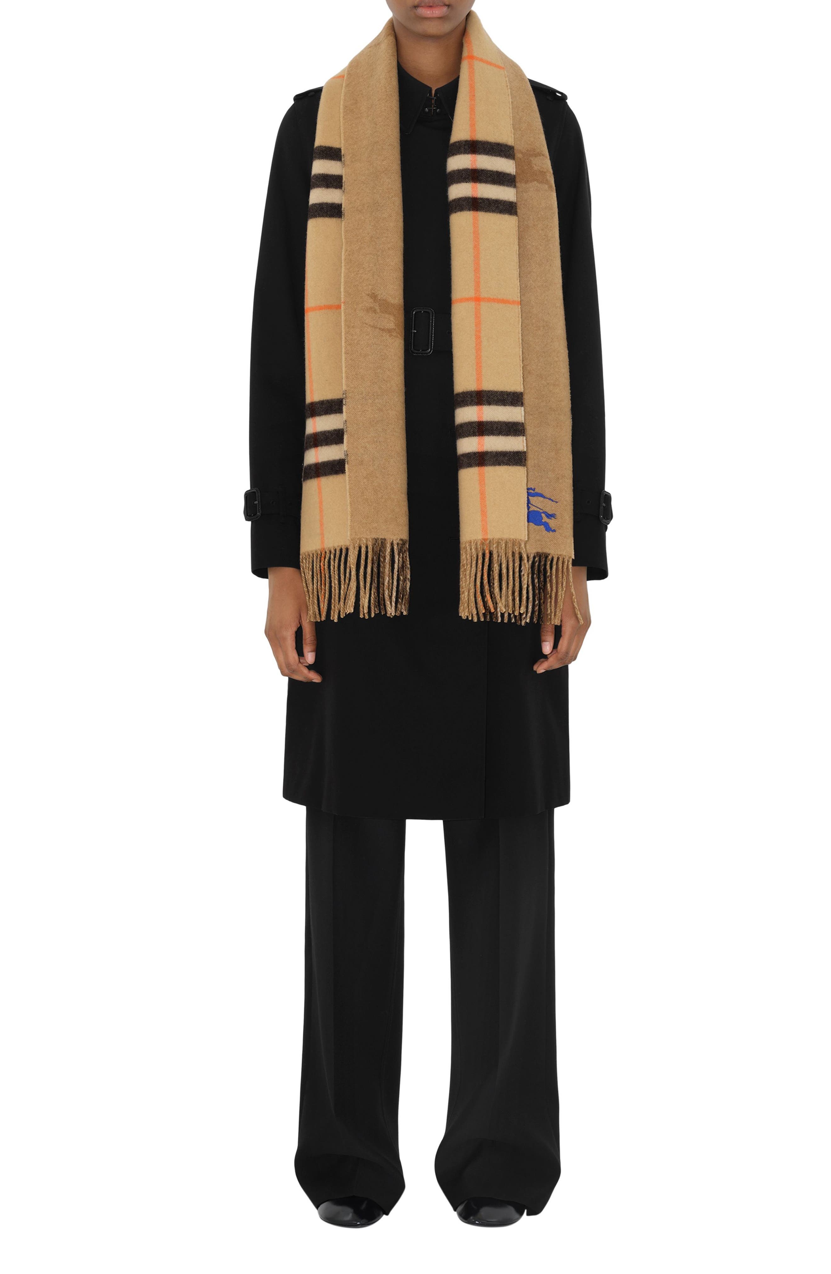 burberry Equestrian Knight Design Check Reversible Fringe Cashmere Scarf in Sand at Nordstrom - 5