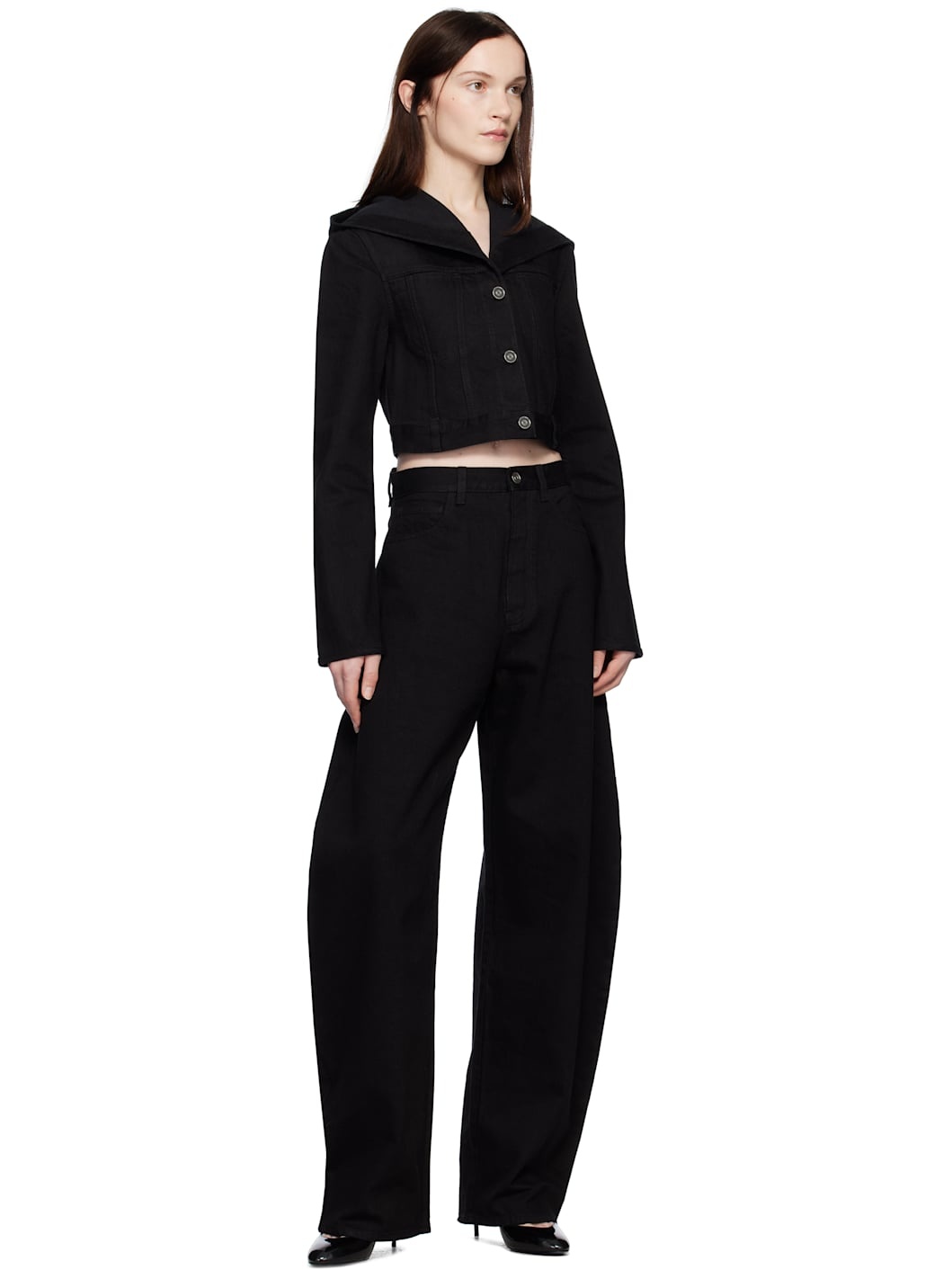 Black Cropped Hooded Denim Jacket - 5