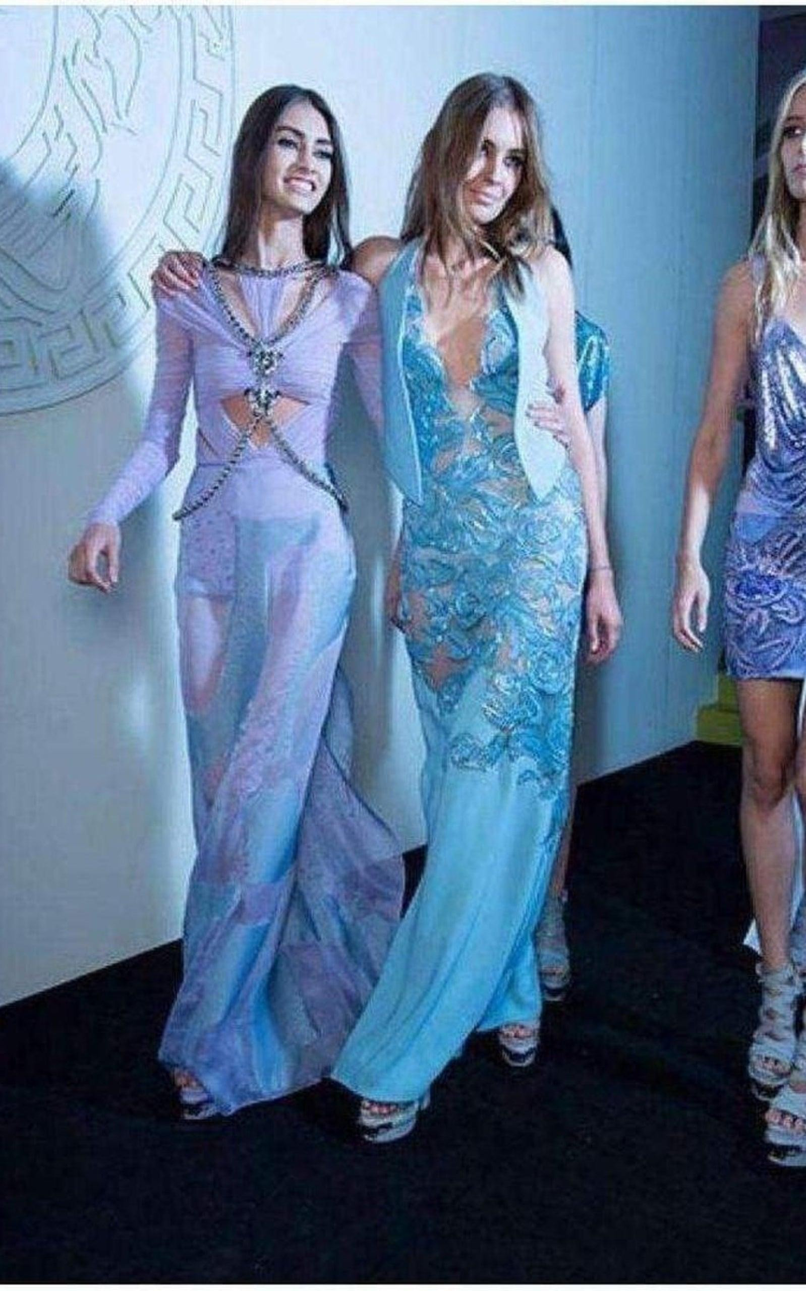Blue Leather Cutout Lace Embellished Gown - 5