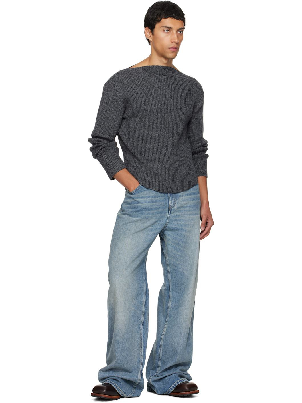 Gray Boatneck Ribbed Wool Sweater - 4