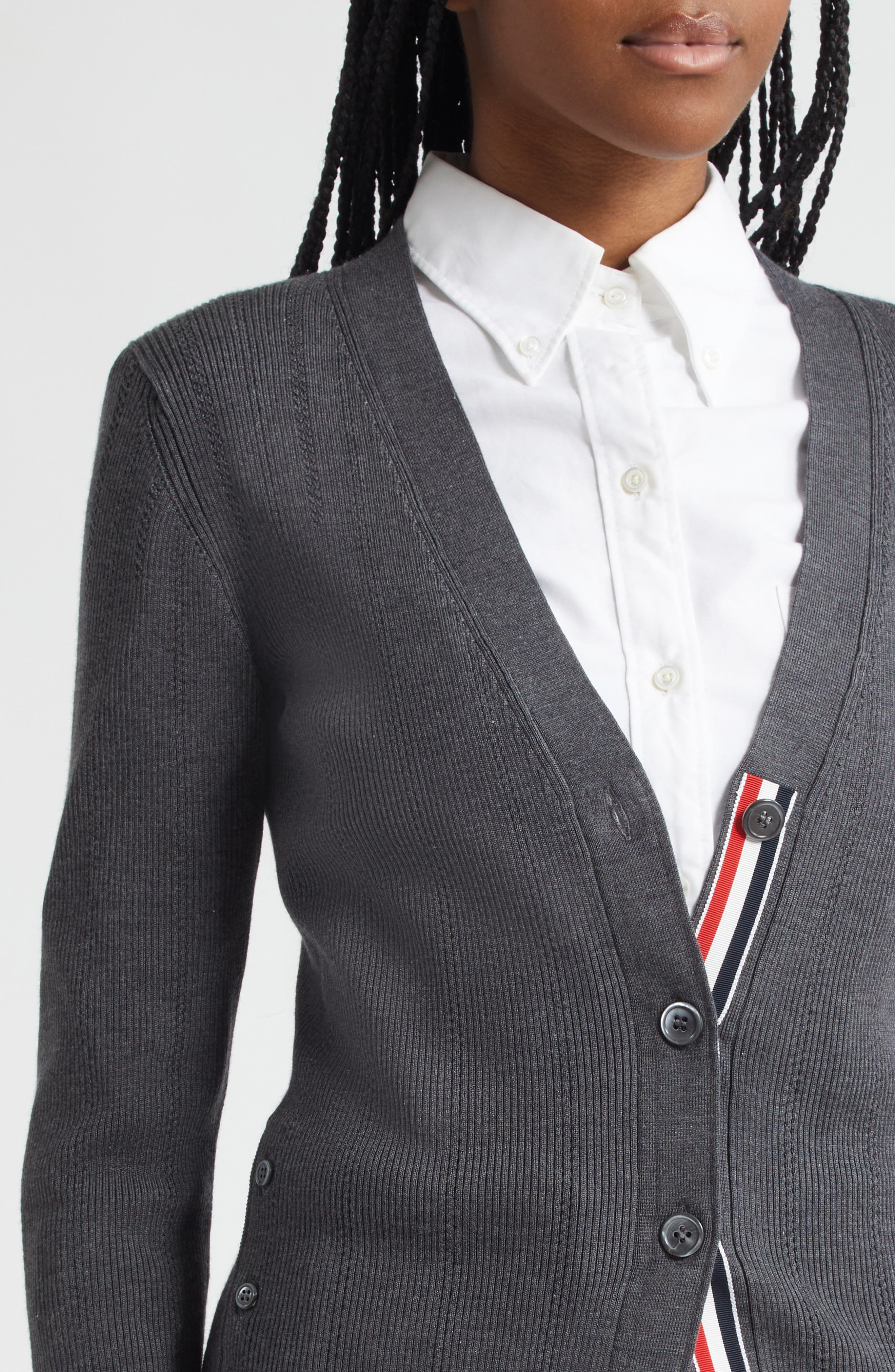 Thom Browne Pointelle Stitch Wool & Silk Cardigan in Medium Grey at Nordstrom - 5