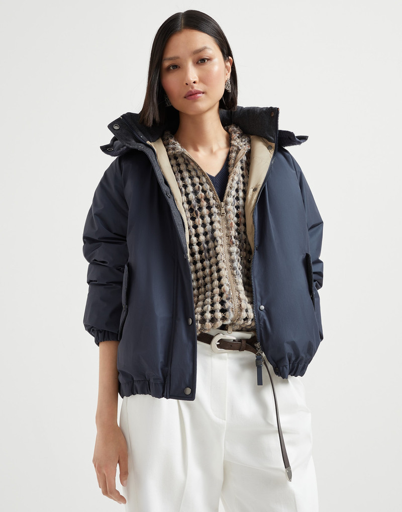 Techno cotton water-resistant taffeta down jacket with detachable hood and shiny zipper pull 4