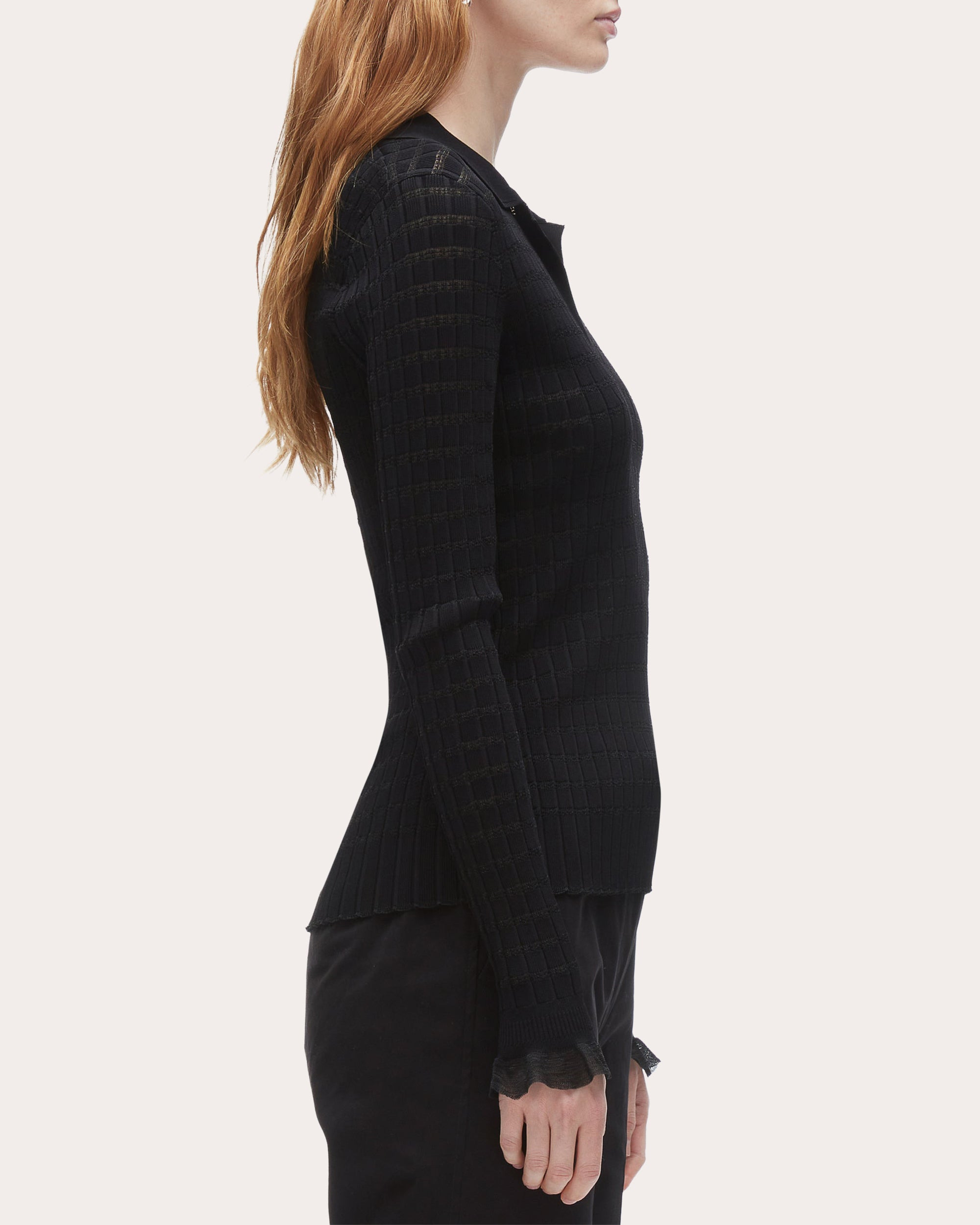 Ribbed Pointelle Knit Polo Top - 3