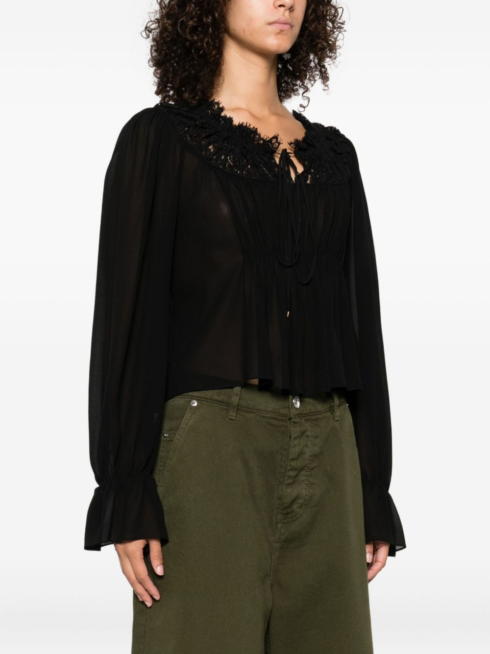 lace-trimmed pleated blouse - 3