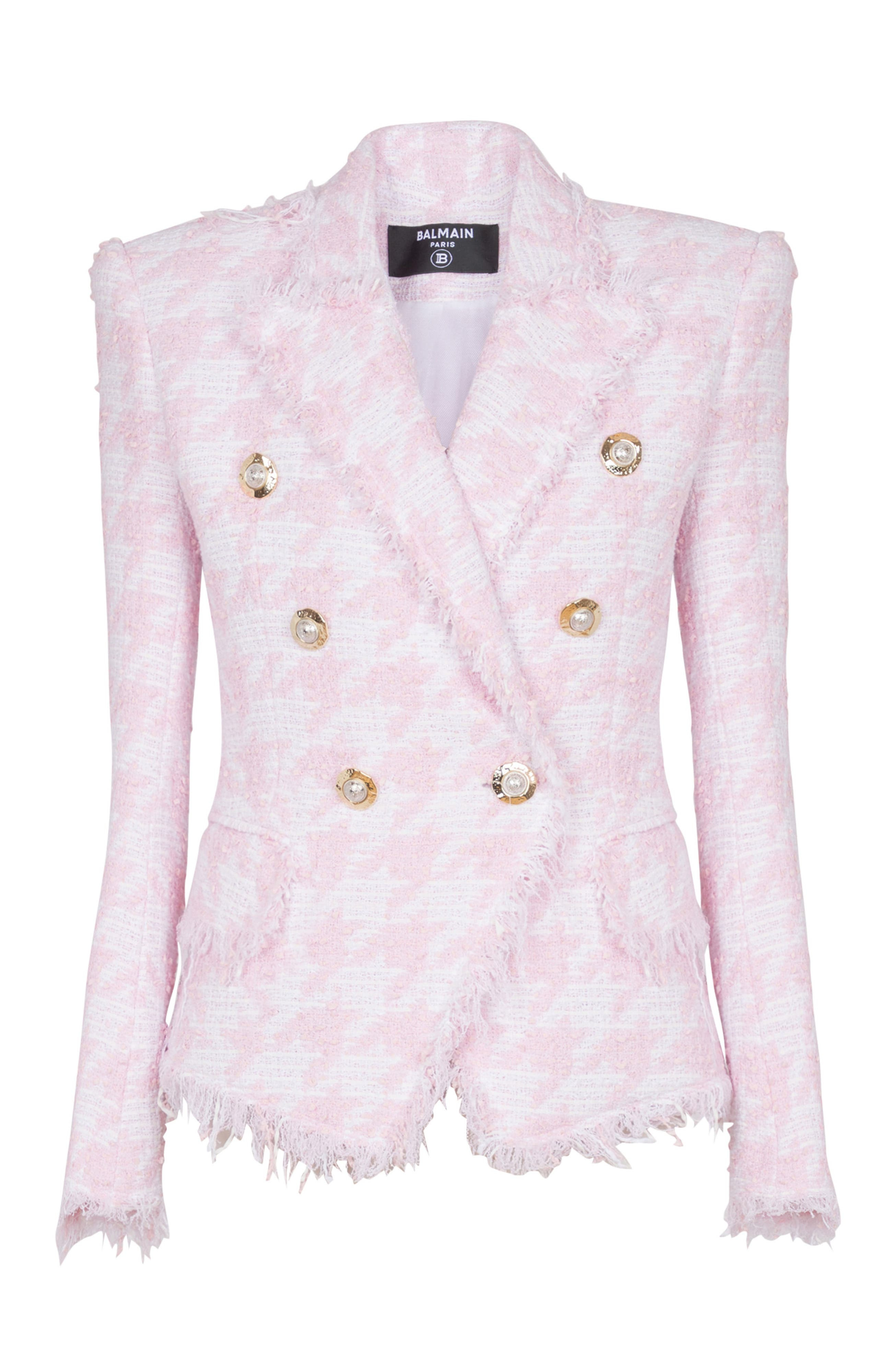 Balmain 6-button houndstooth tweed fitted jacket in Pink at Nordstrom - 5