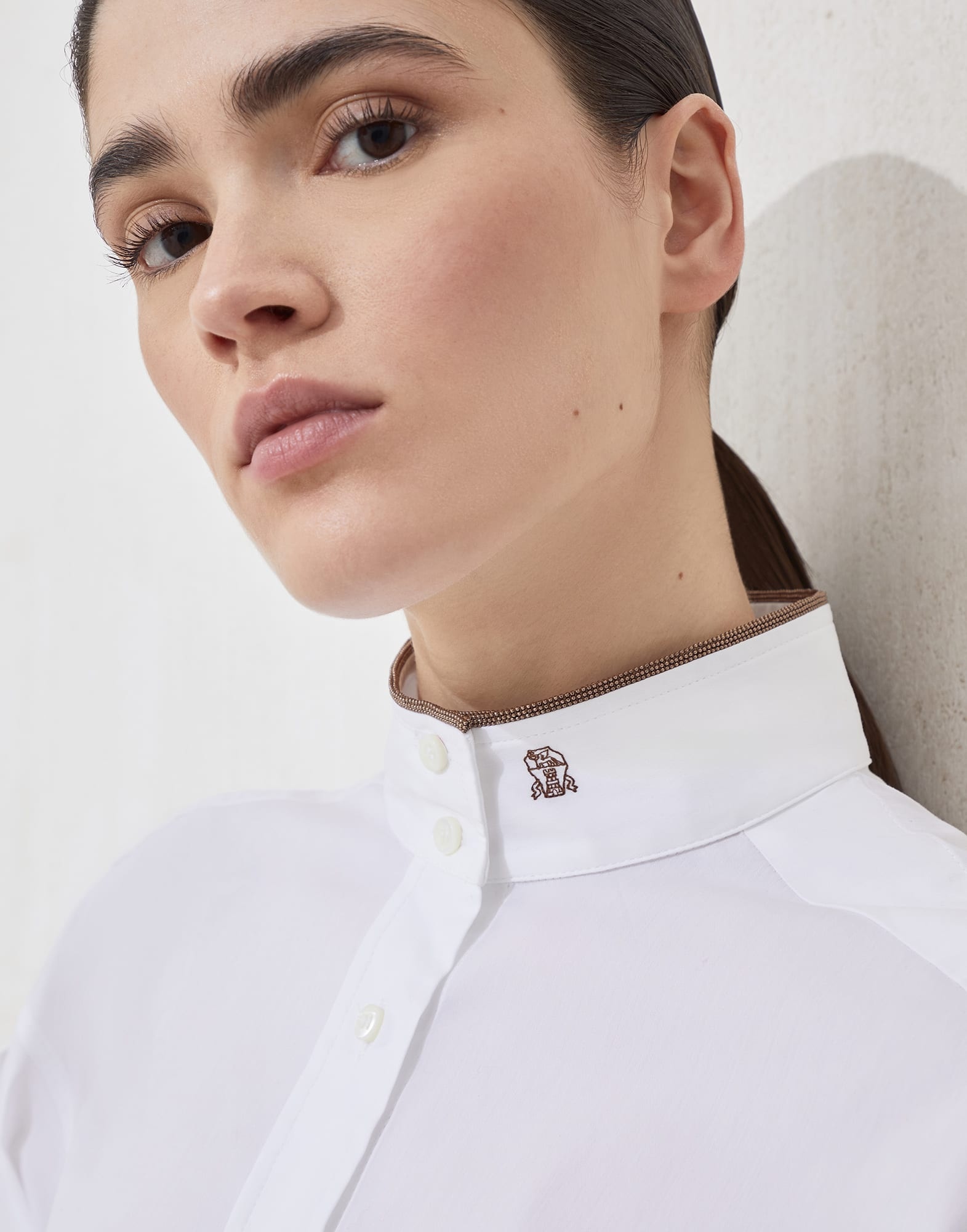 Stretch cotton poplin shirt with shiny collar detail - 3