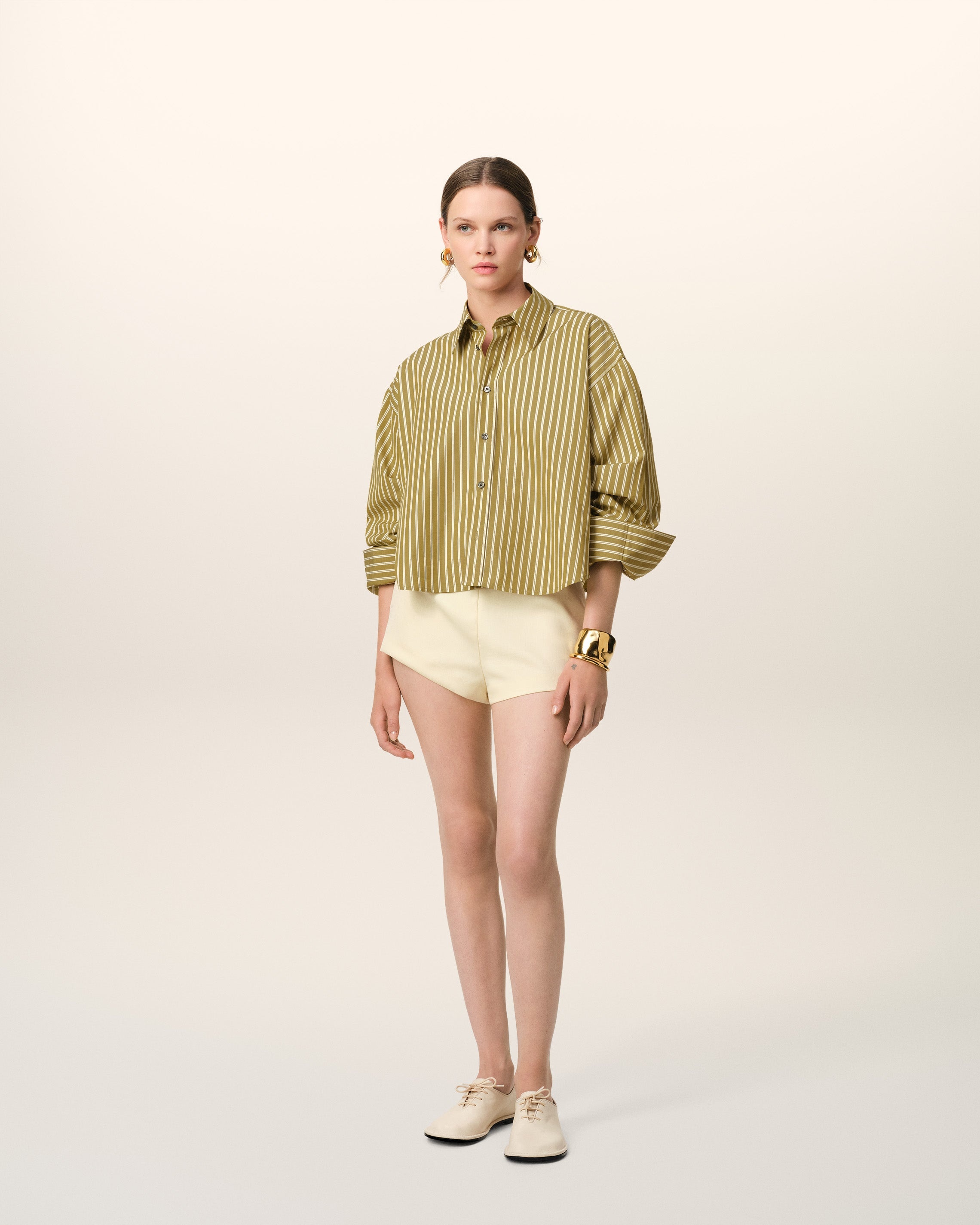 KHAKI COTTON CROPPED OVERSIZED SHIRT - 2