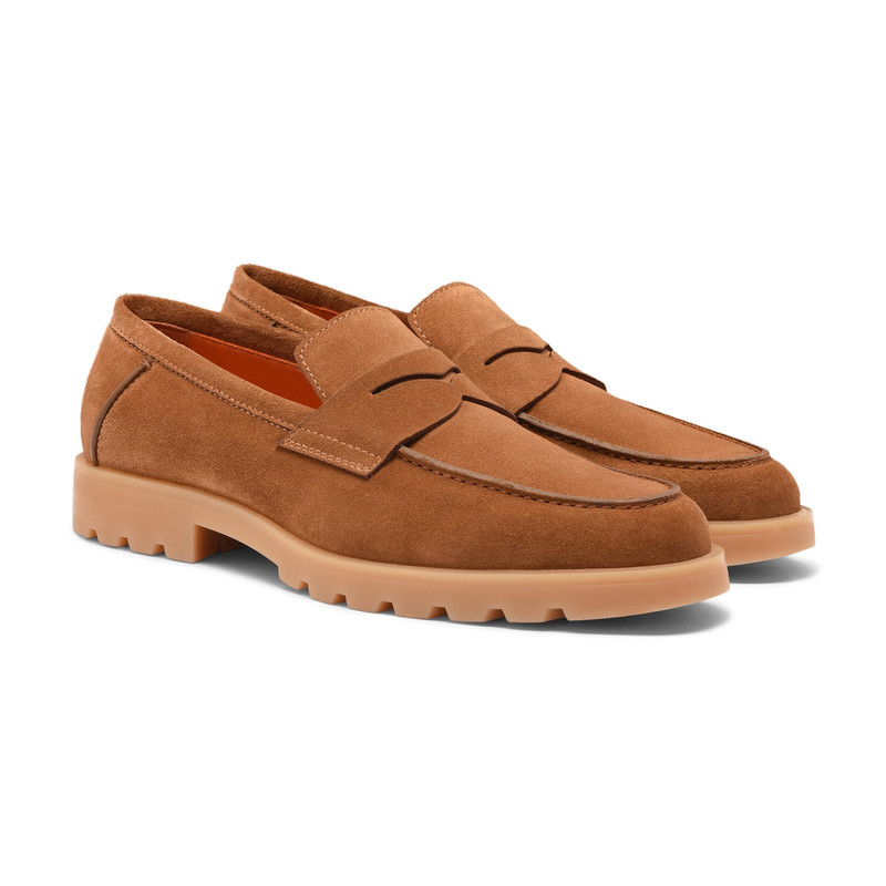 Santoni Men's light brown suede penny loafer outlook