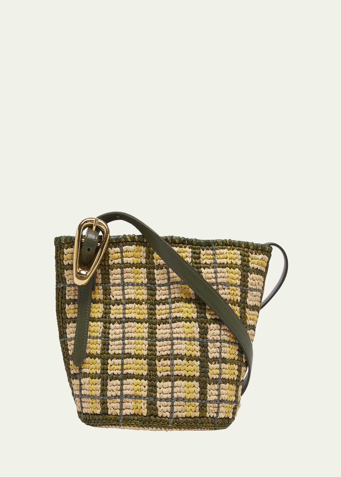 Small Plaid Raffia Bucket Bag - 1