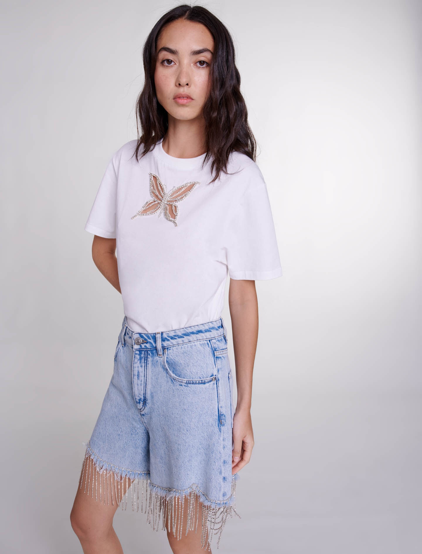 Rhinestone denim shorts - 5