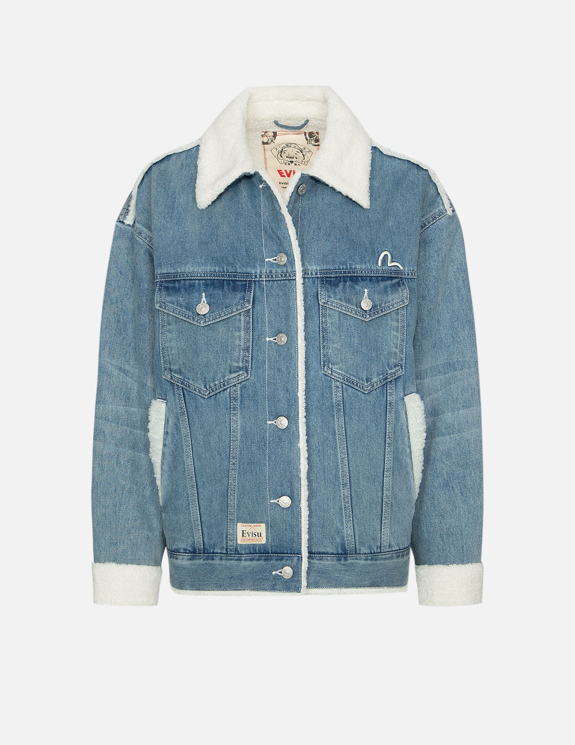 DARUMA AND FORTUNE CAT EMBROIDERY SHERPA-LINED DENIM JACKET - 2