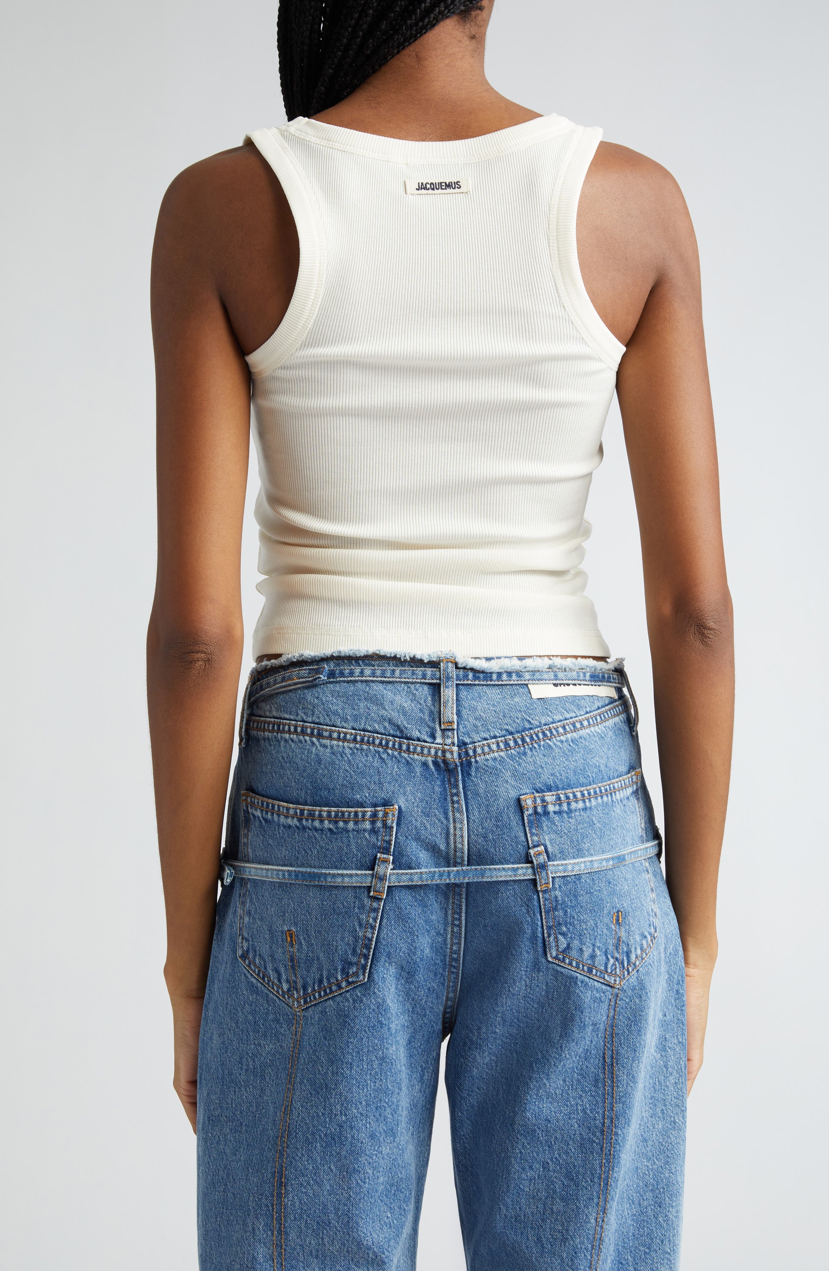 Jacquemus Le Débardeur Logo Embroidered Grosgrain Tank Top in White at Nordstrom - 3