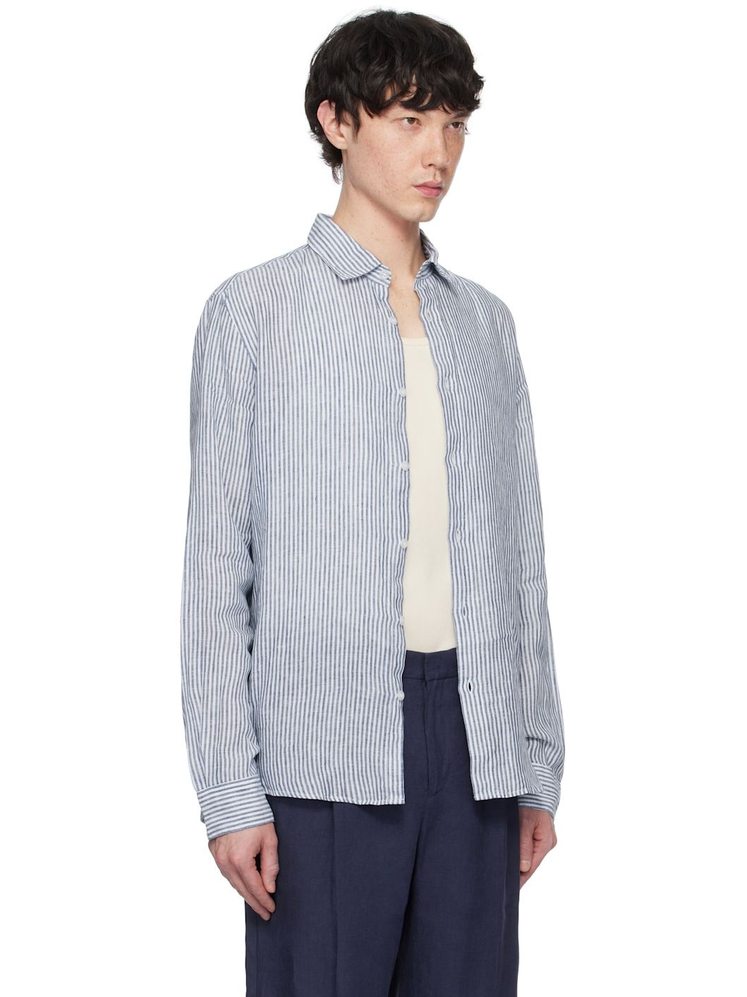 White & Navy Linen Shirt - 2