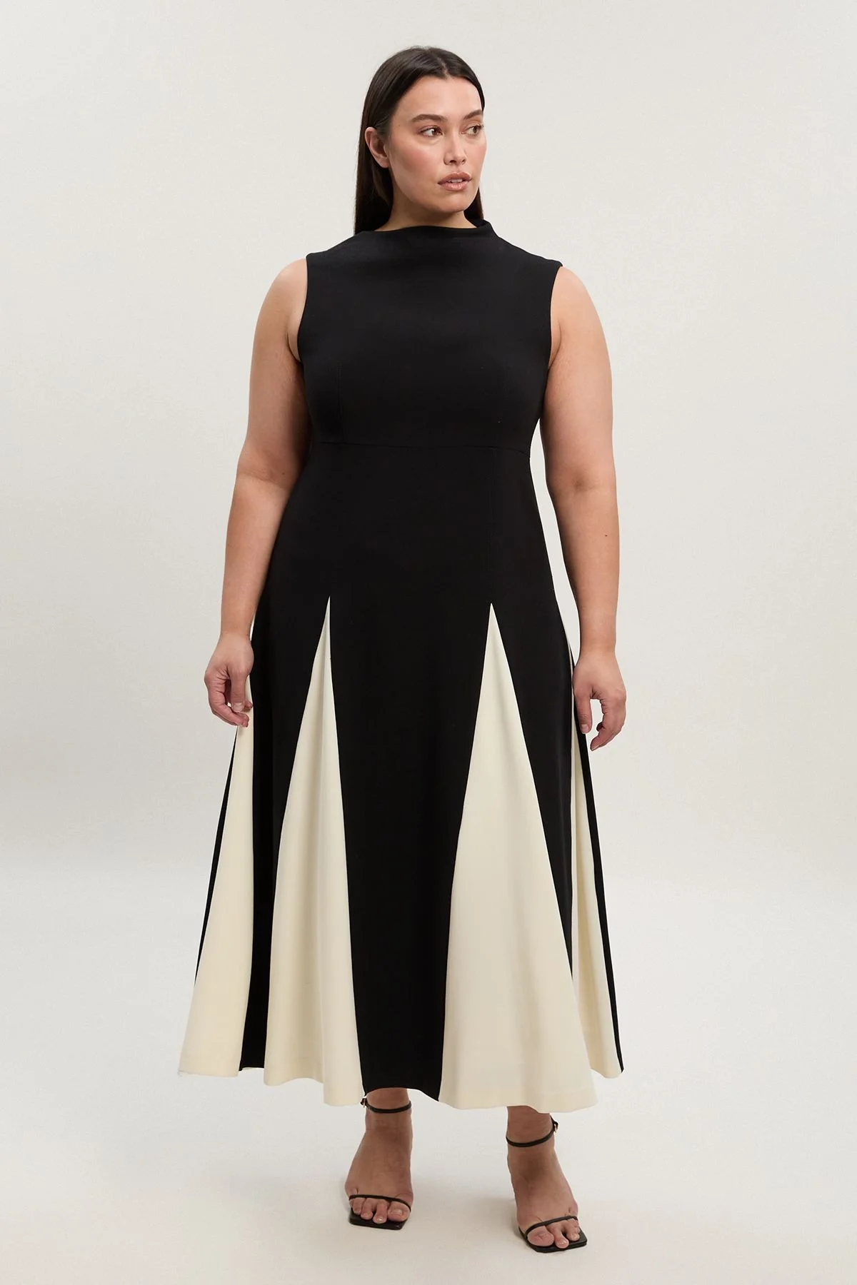 Plus Size Compact Stretch Tailored Colour Block Full Skirted Midi Dress - 1