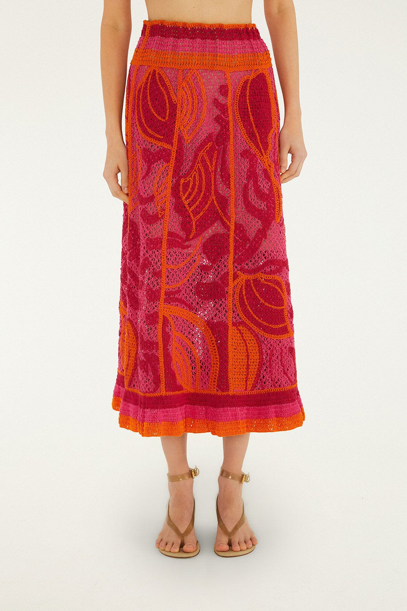 FARM RIO Pink And Orange Seashell Crochet Midi Skirt outlook