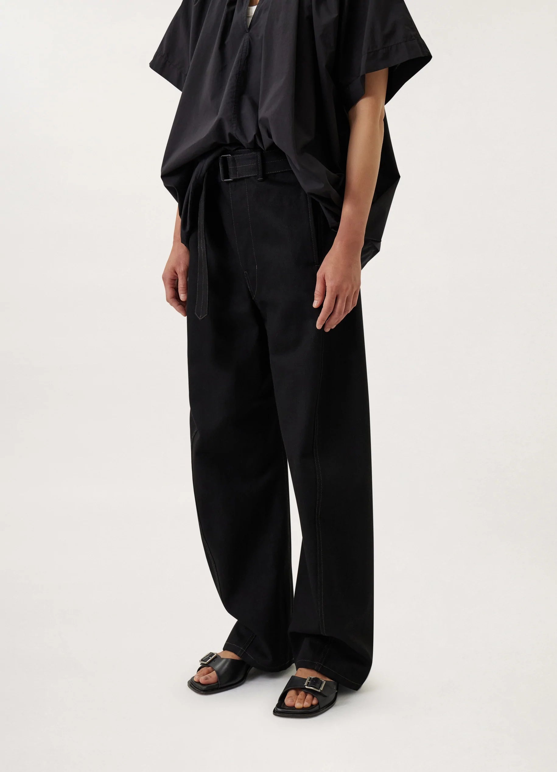 Black Twisted Belted Pants in Heavy Denim