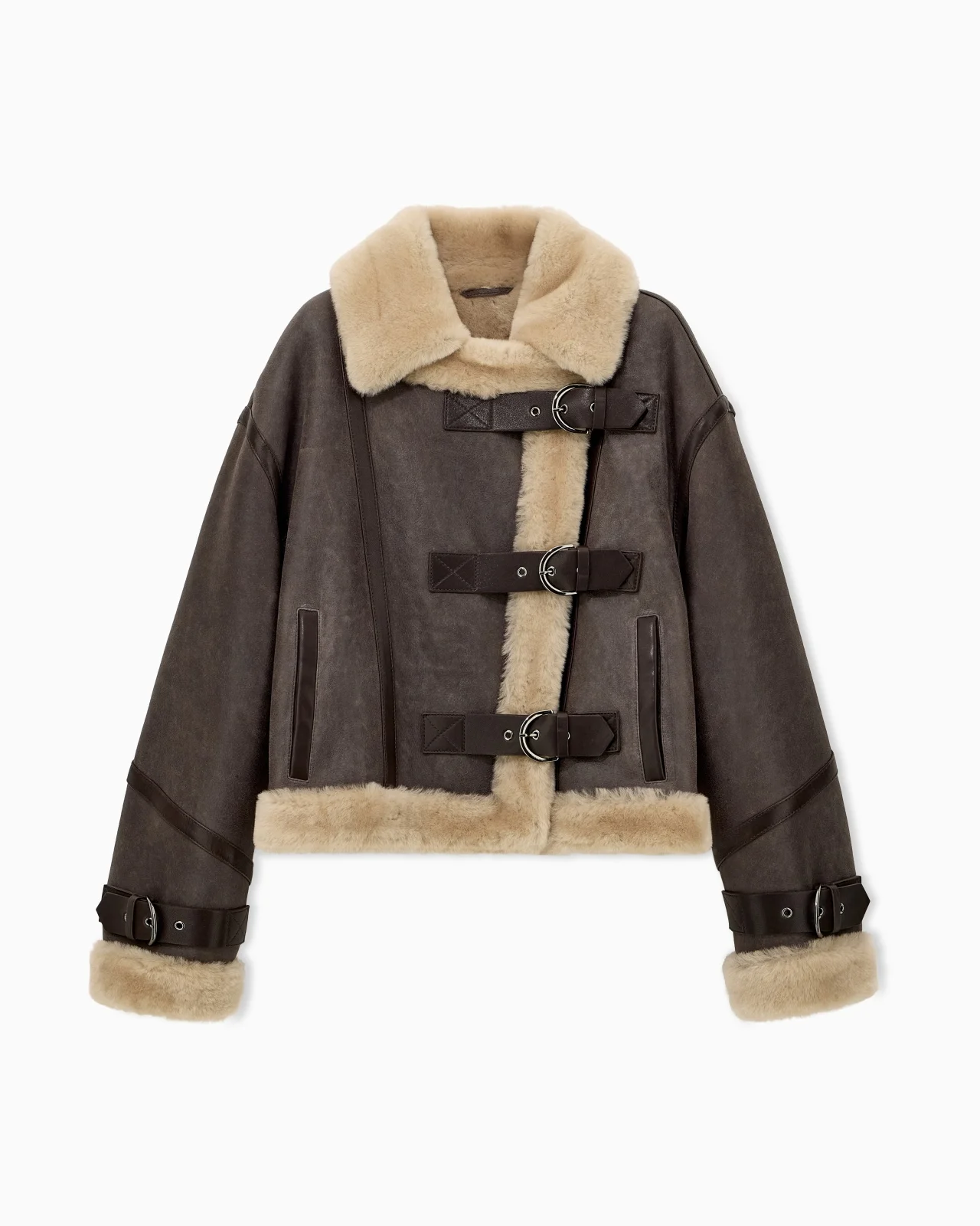 LEATHER BLOUSON WITH A SHEARLING COLLAR AND BUCKLE STRAPS - 1