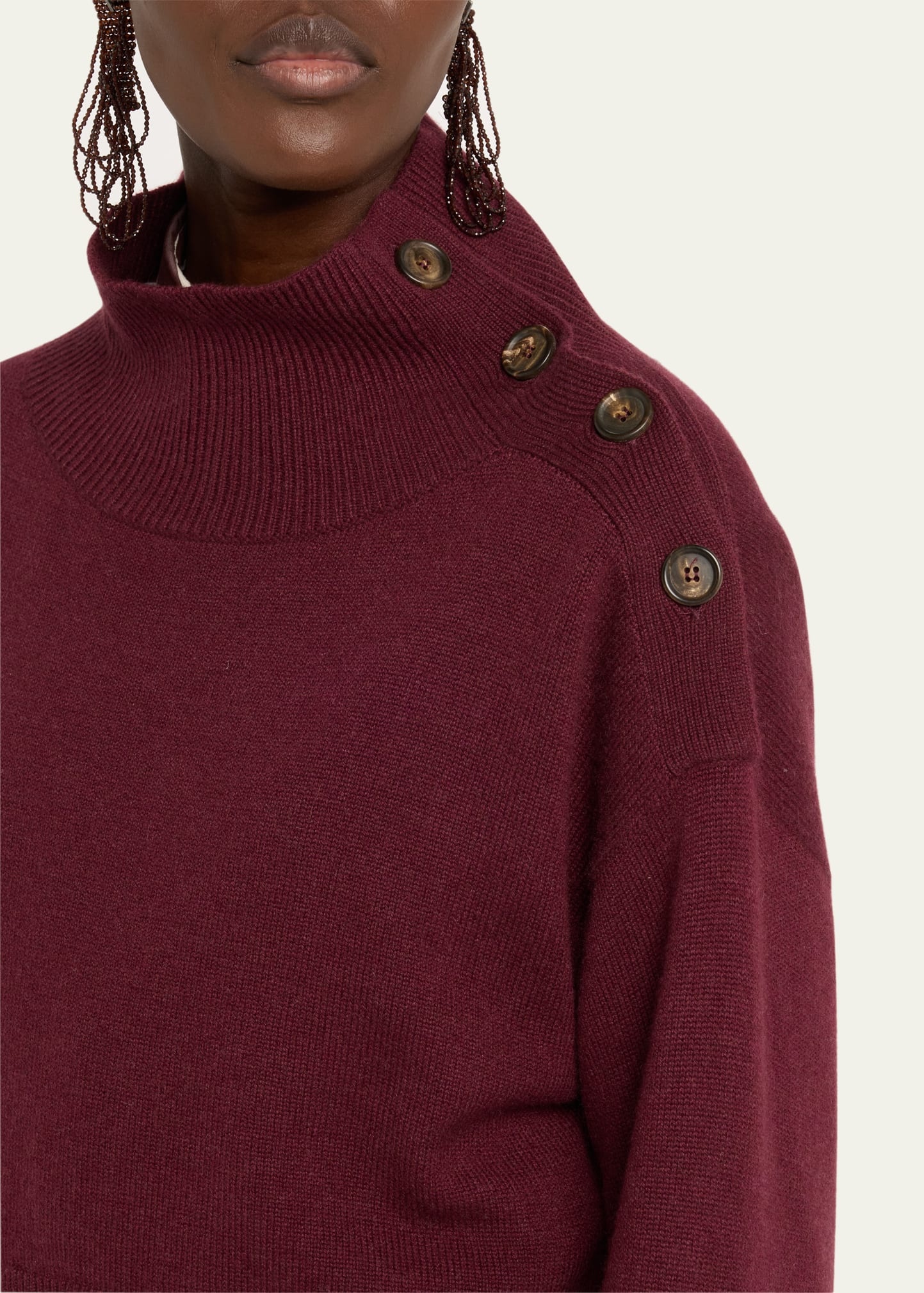Turtleneck Button-Shoulder Cashmere Crop Sweater - 5