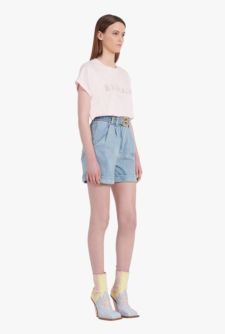 Light blue eco-designed denim high-waisted shorts with Balmain buckle - 7