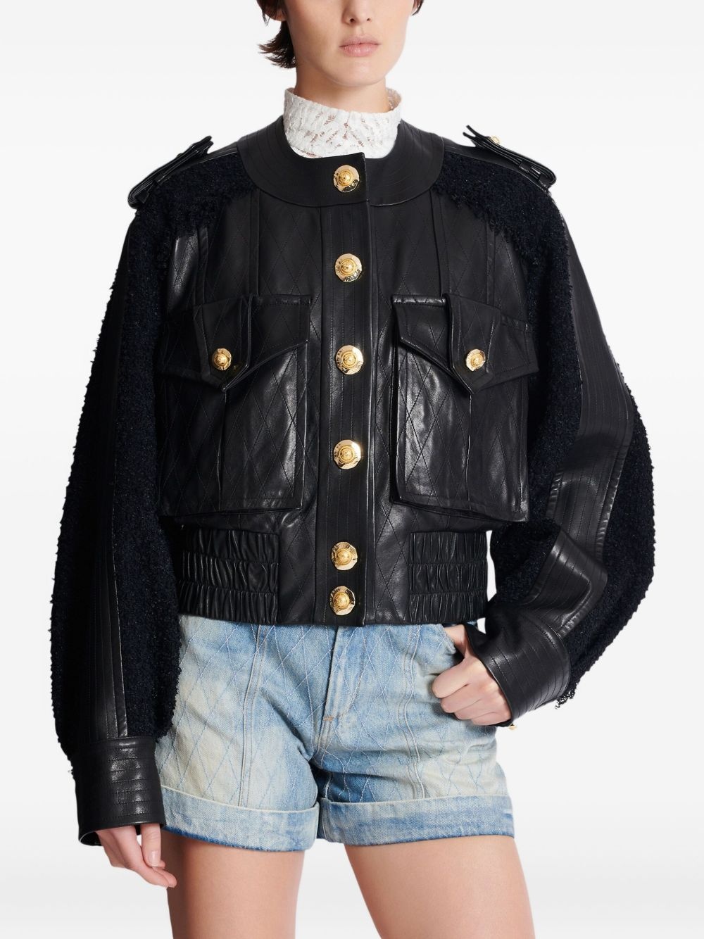 tweed-panel leather bomber jacket - 5