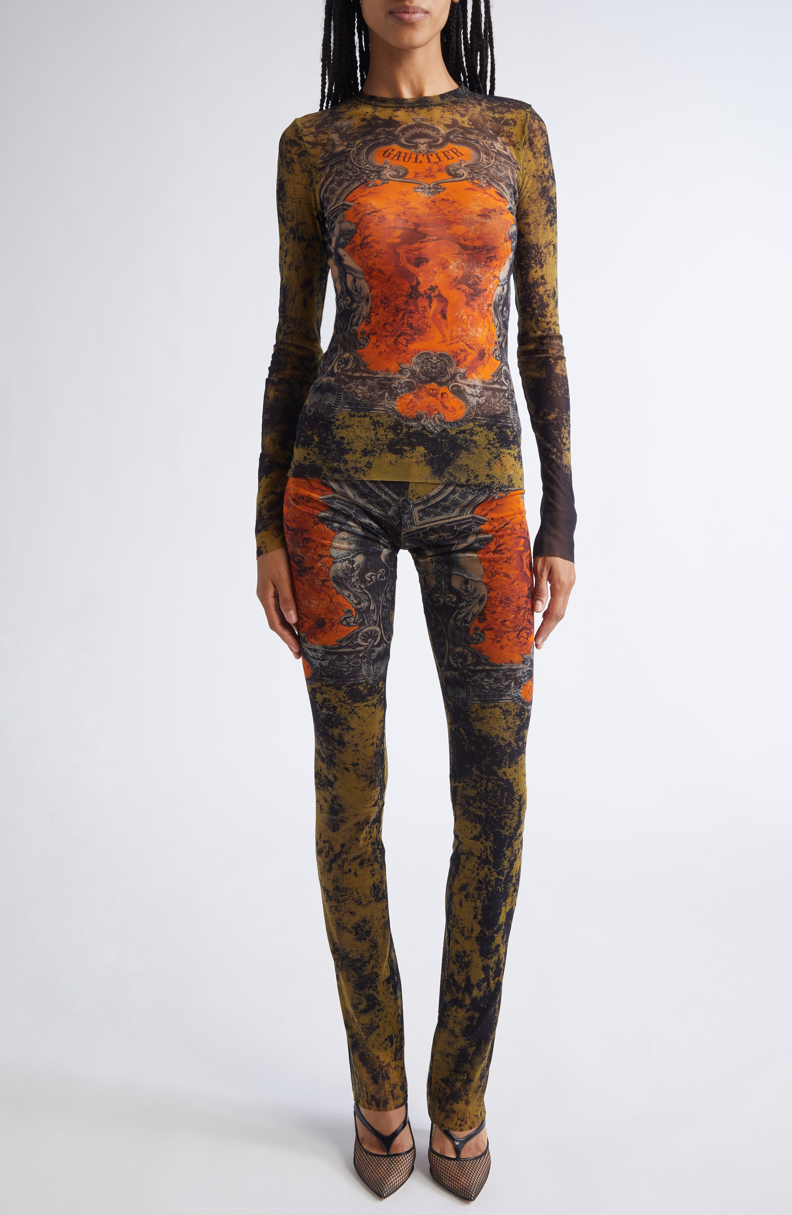 Jean Paul Gaultier Medallion Print Long Sleeve Mesh Top in Black/Khaki/Orange at Nordstrom - 2