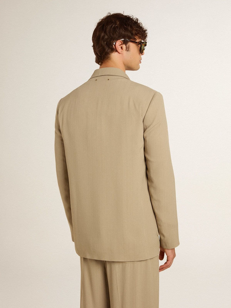 Men's beige pinstripe single-breasted jacket with an oversized fit 4