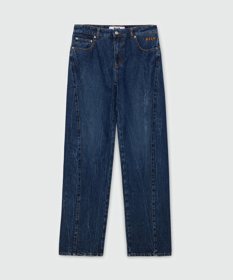 Raw-wash five-pocket denim trousers with leg seam detail 1