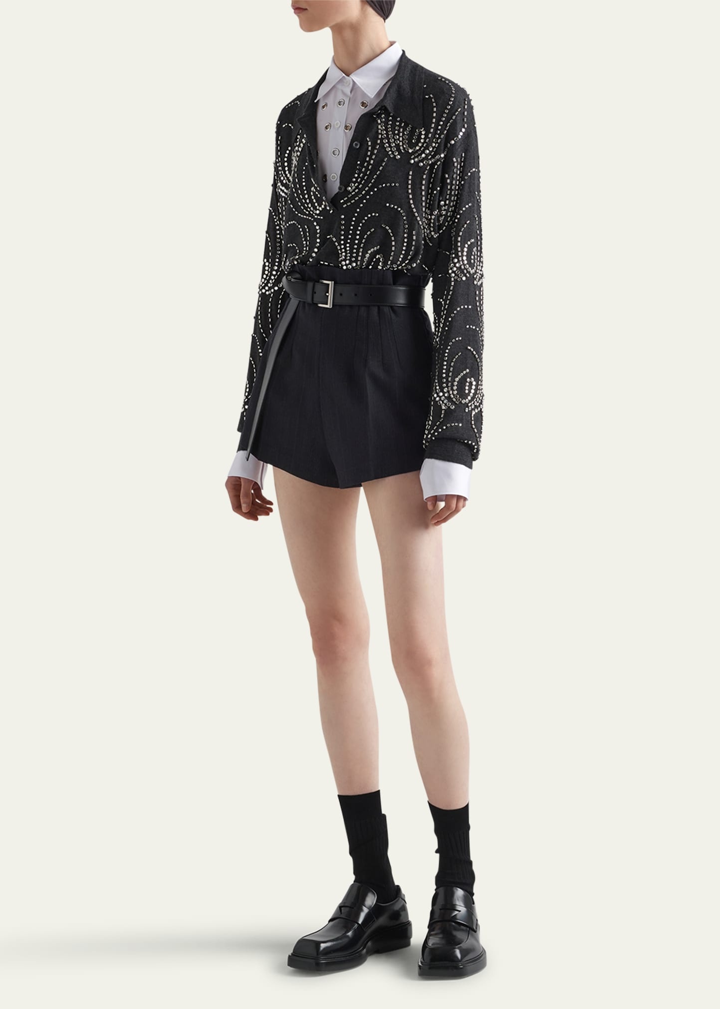 Beaded Crystal Oversized Polo Cashmere Shirt, Gray - 2