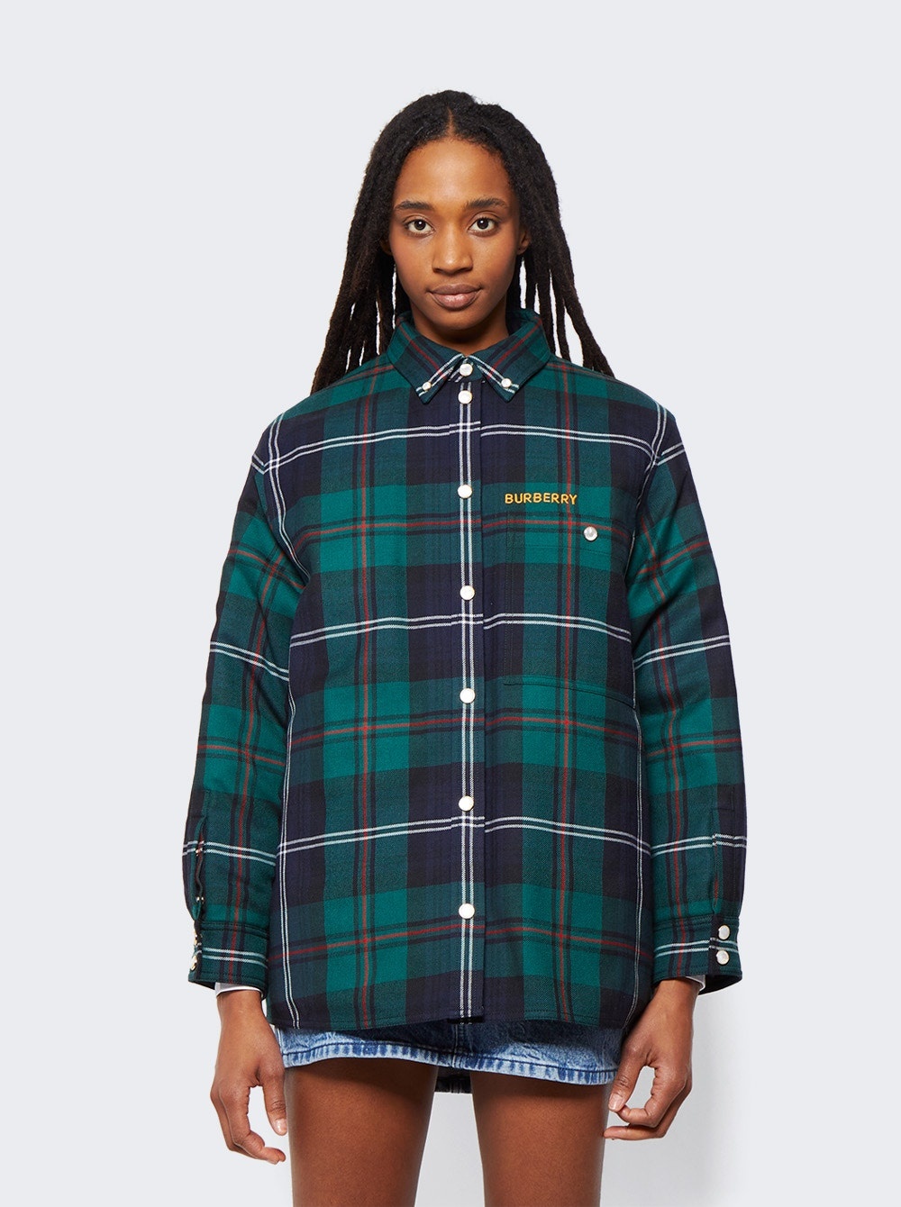 Embroidered Logo Check Wool Overshirt Dark Viridian Green - 3