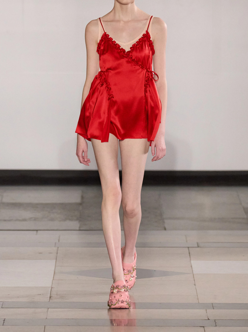 분홍색 & 빨강 Negligee 새틴 패치 워크 발레 Minidress 5
