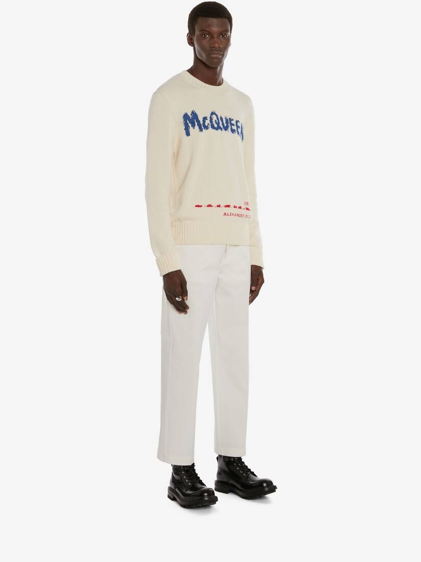 Mcqueen Graffiti Crew Neck Jumper in Ivory/blue - 3