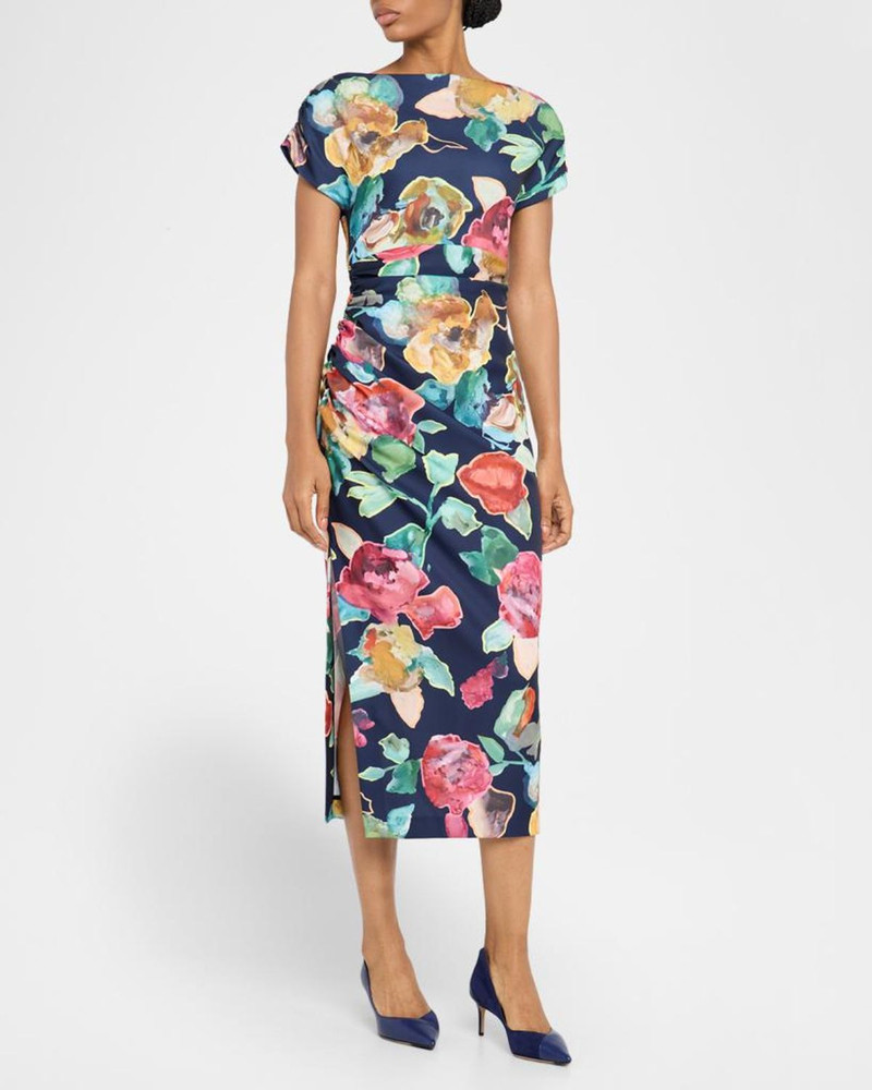 Floral Print Ruched Crepe Midi Dress 3