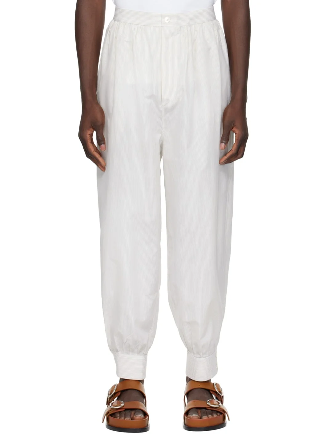 White & Beige Striped Trousers - 1