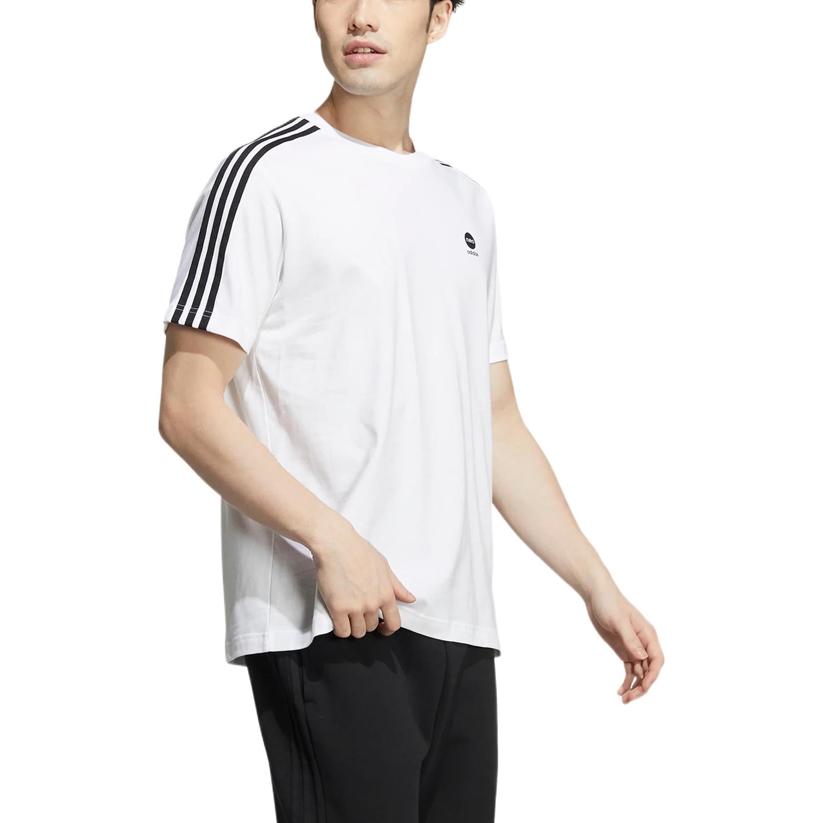 Men's adidas neo Contrasting Colors Stripe Athleisure Casual Sports Short Sleeve White T-Shirt HD466 - 4