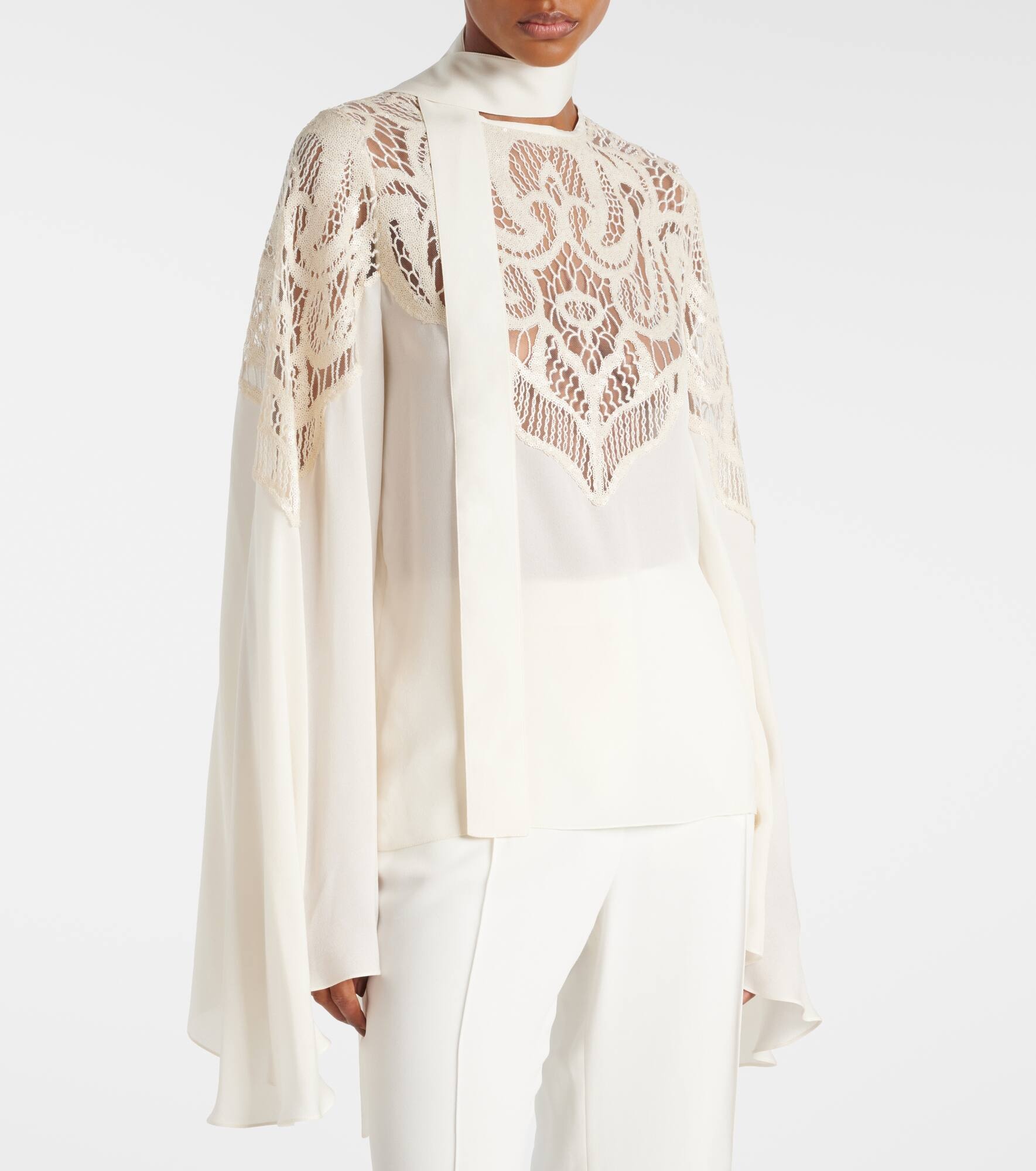 Lace-trimmed tie-neck georgette blouse - 4