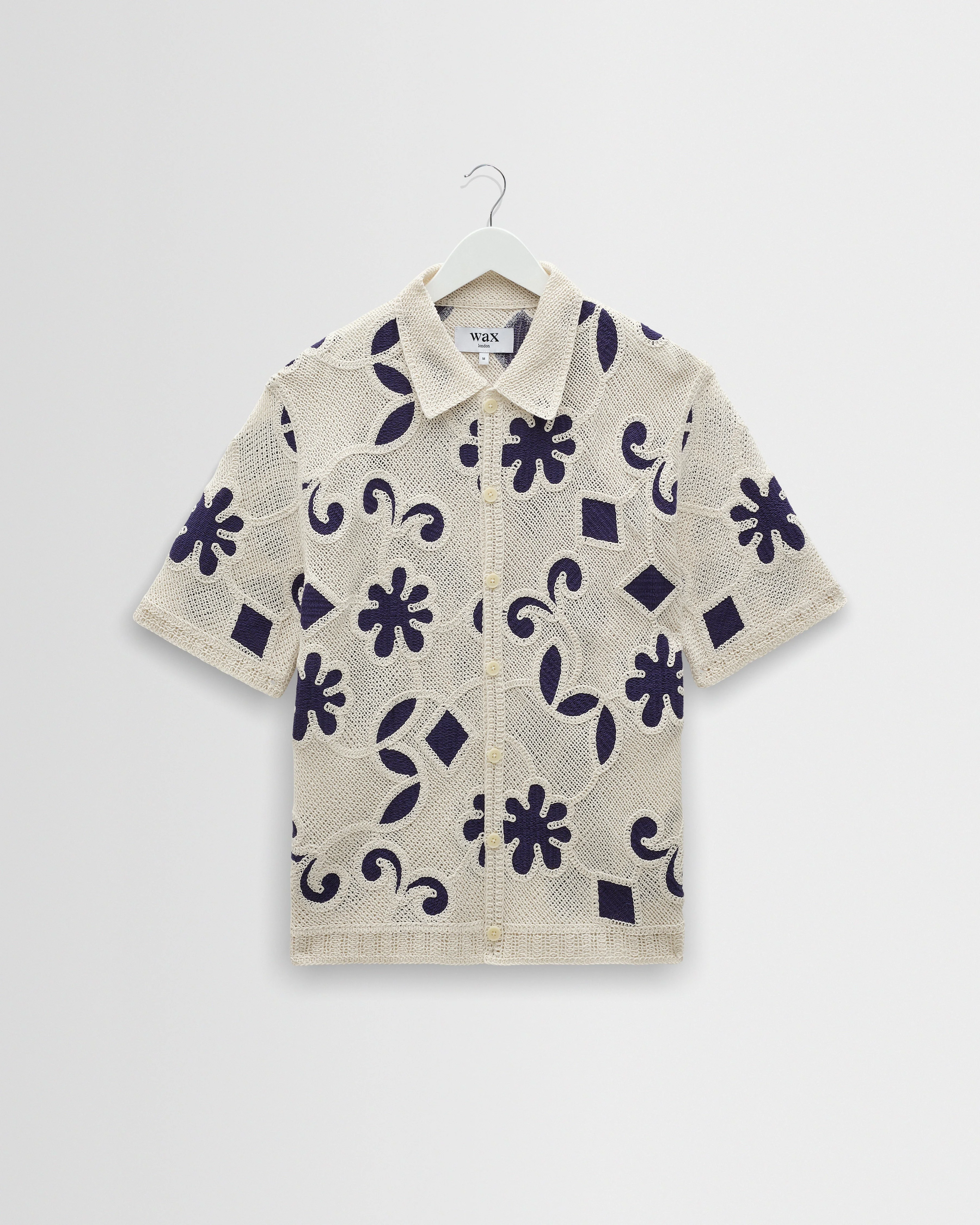 Porto - Ecru And Navy Doodle Crochet Knitted Shirt - 1