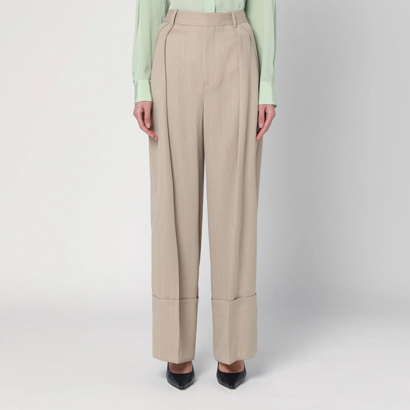 Wide mandarin colour pants in wool - 1