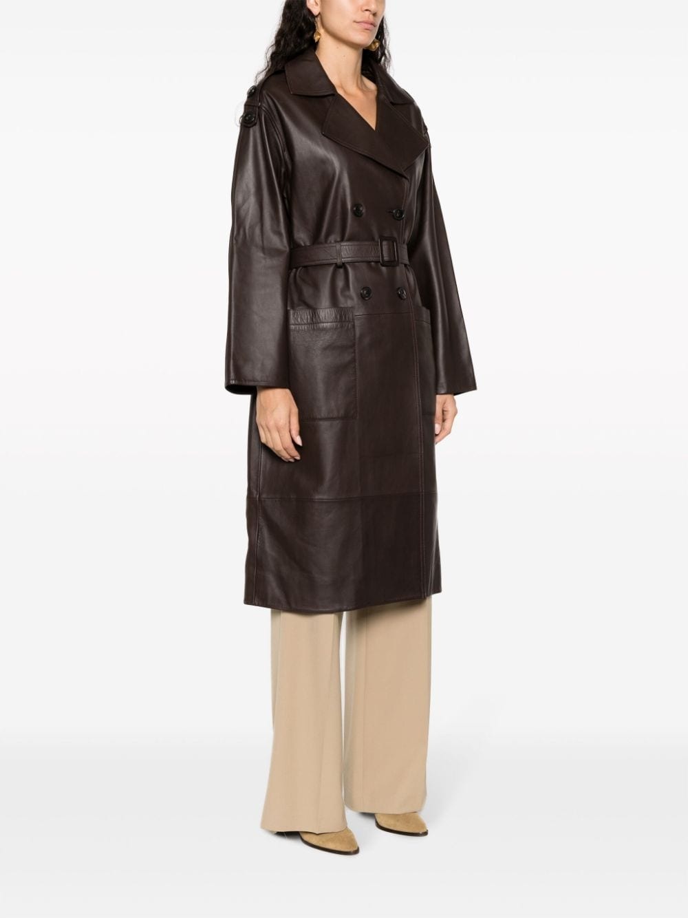 double-breasted leather coat - 3