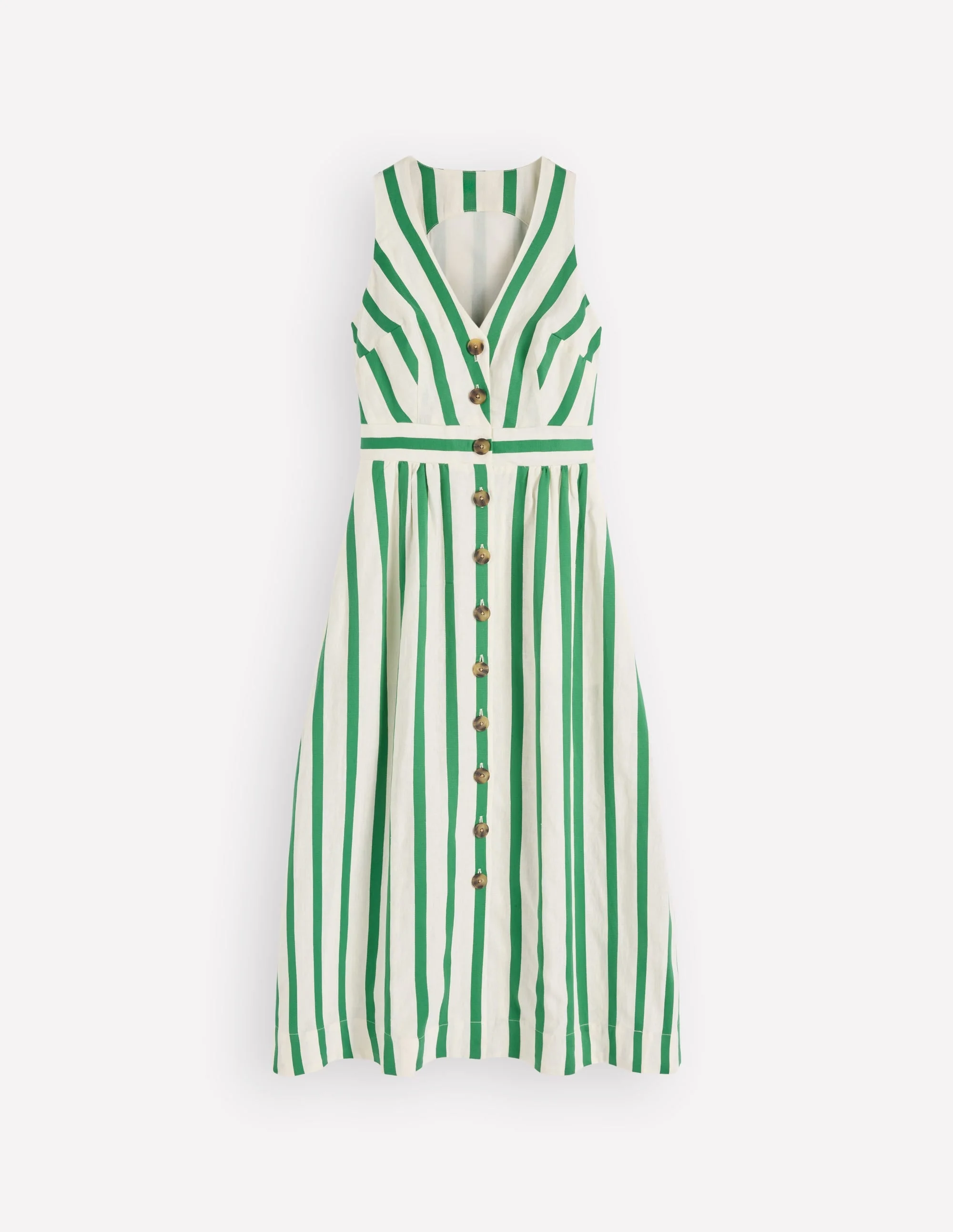 Catherine Button Linen Dress-Ivory and Green Satin Stripe - 1