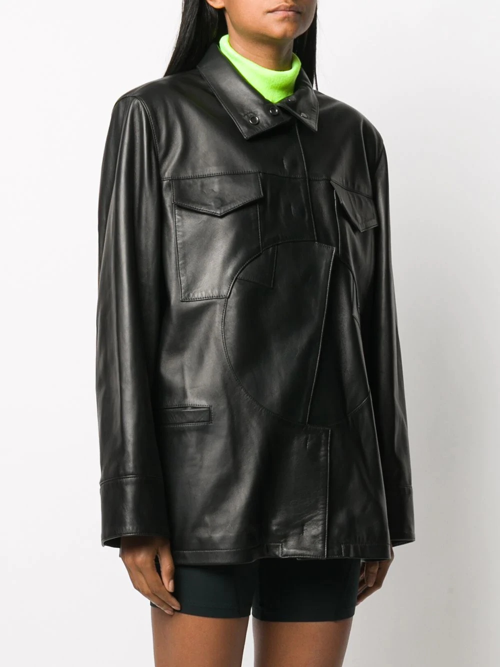 circle panel buttoned leather jacket - 3