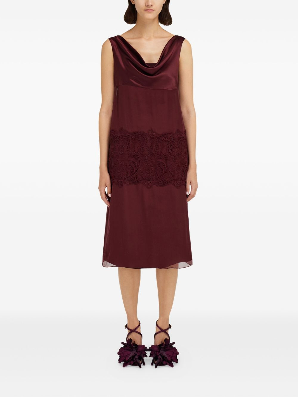 cowl-neck lace-insert midi dress - 2