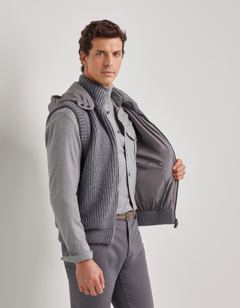 CARAMEL MIXED-MATERIAL ULTRALIGHT SUEDE BOMBER JACKET WITH KNIT INSERTS 34