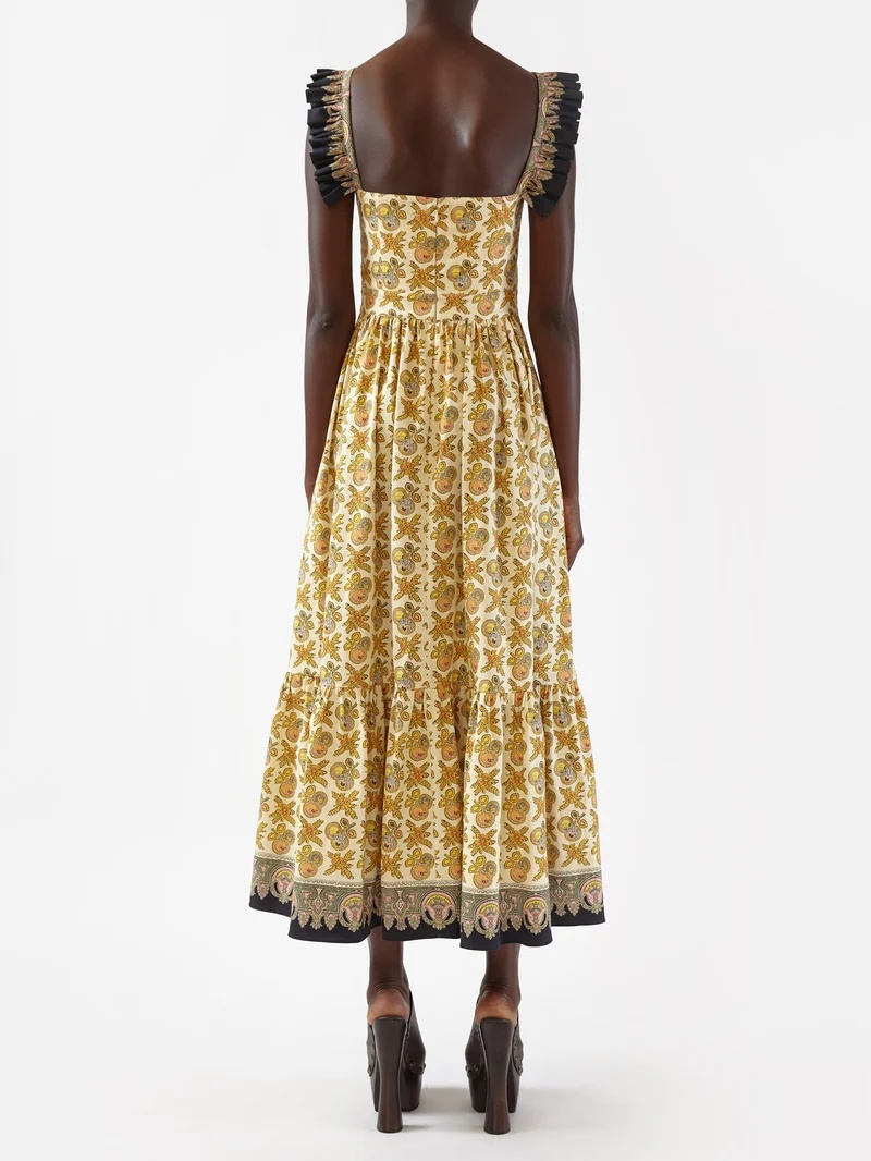 Ruffled-strap apple-print cotton-blend midi skirt - 4