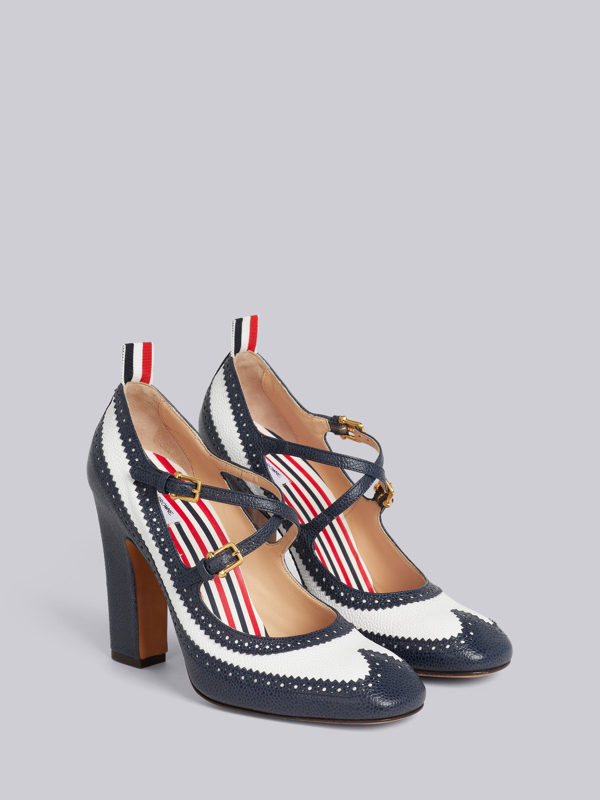 Navy Pebble Grain Leather 105mm Block Heel Brogued Criss Cross Thom John - 3