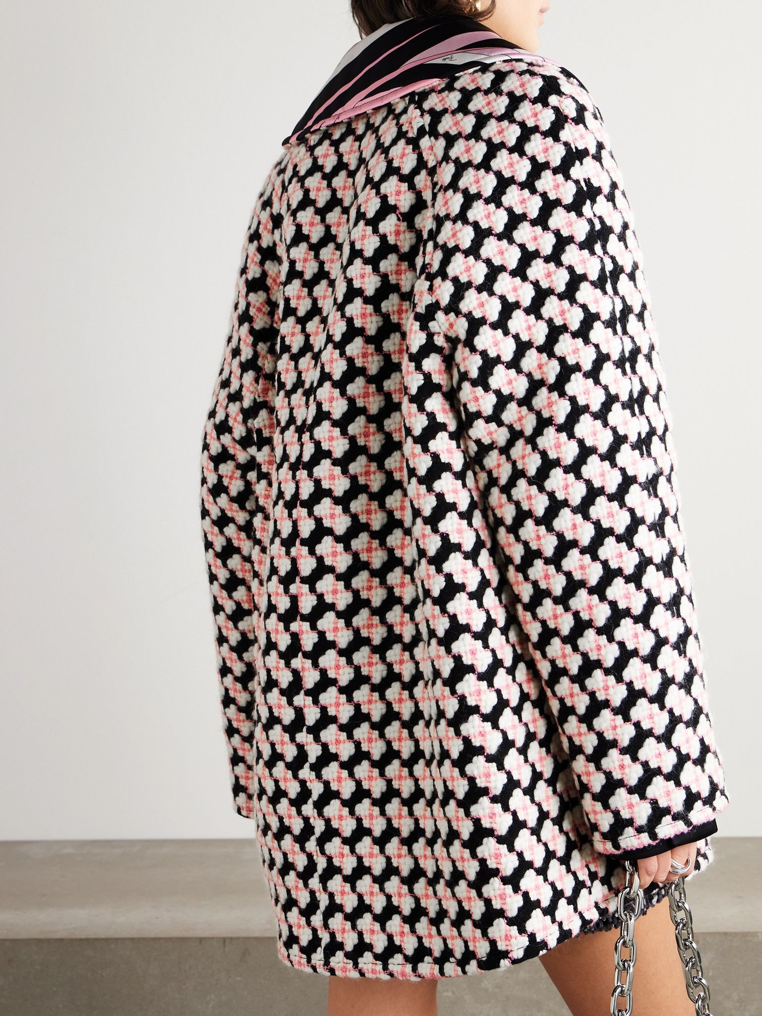 Reversible double-breasted printed silk-twill and wool-blend tweed jacket Pink - 4