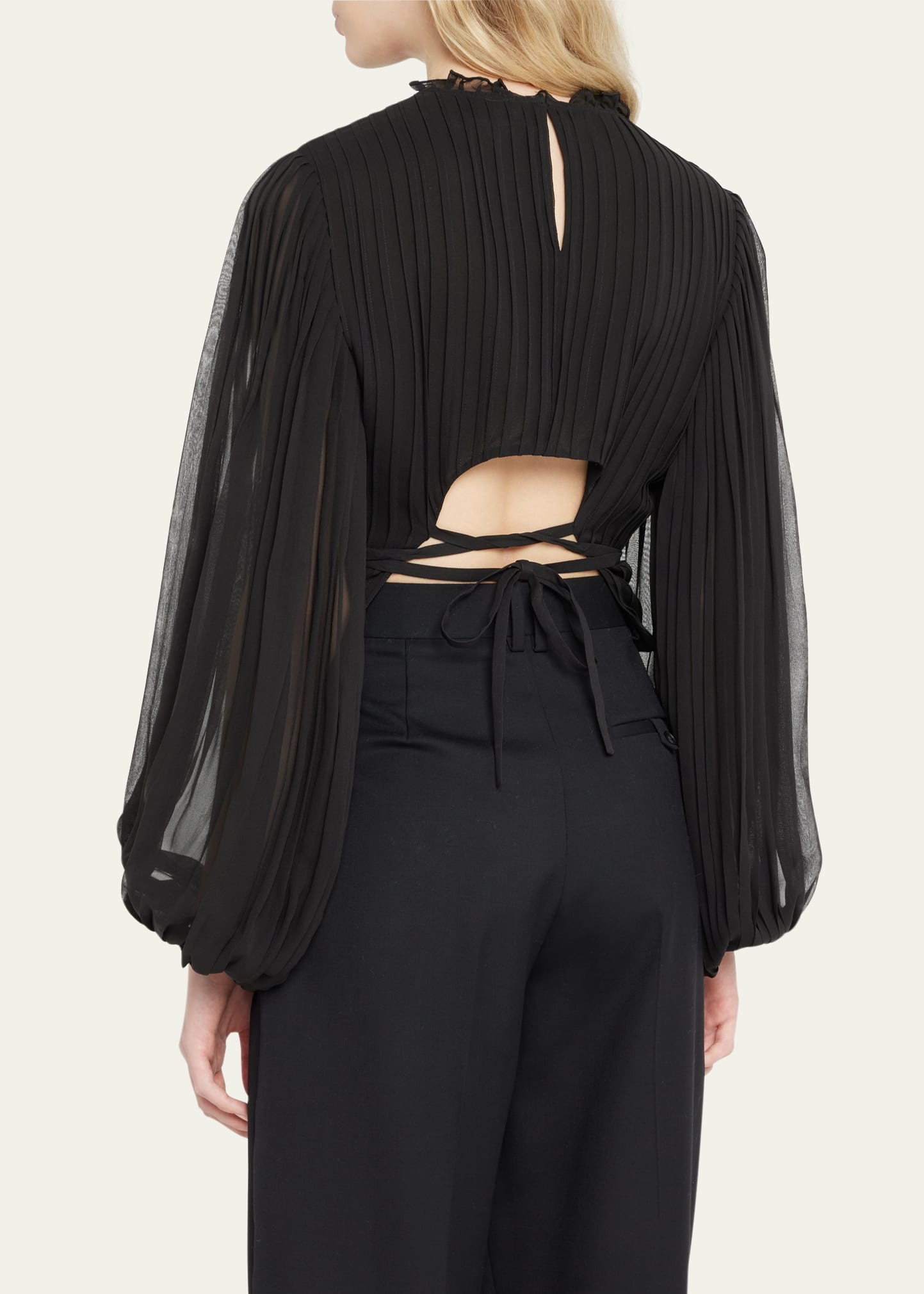 Pleated Waist-Tie Cut-Out Top - 3