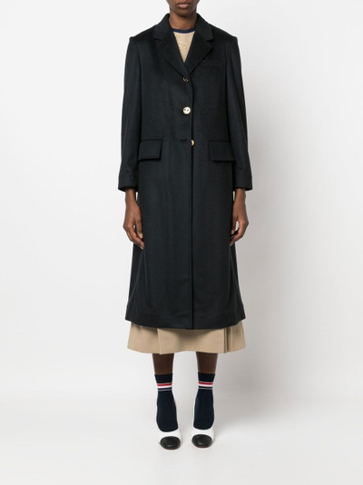 Thom Browne wide-lapel single-breasted overcoat outlook