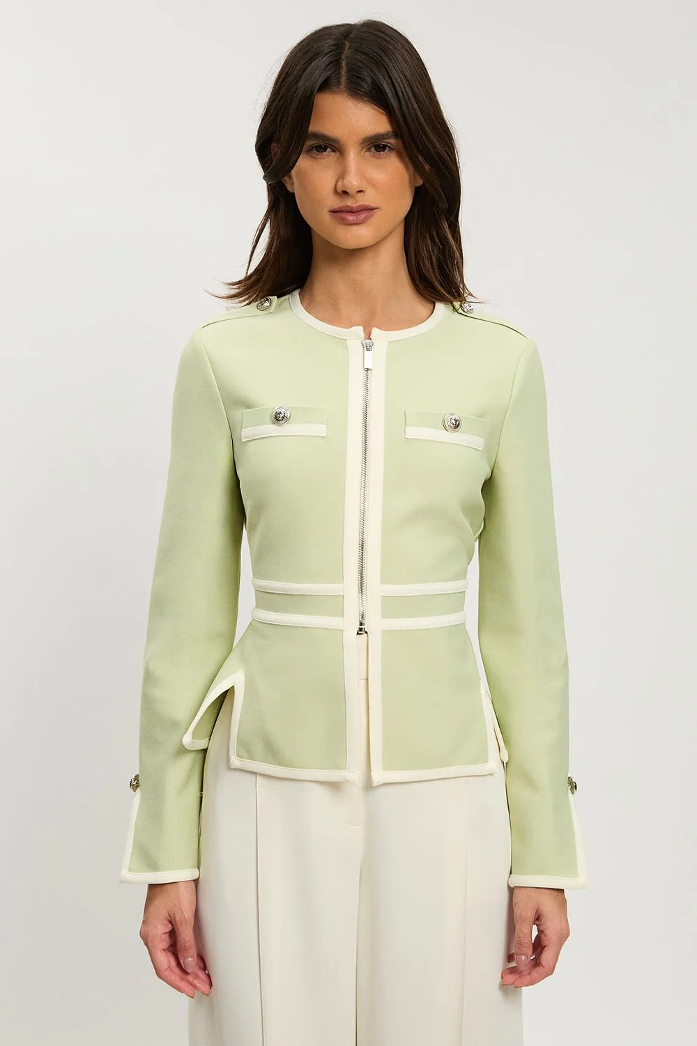 Petite Figure Form Bandage Military Contrast Piping Knit Split Hem Jacket - 1
